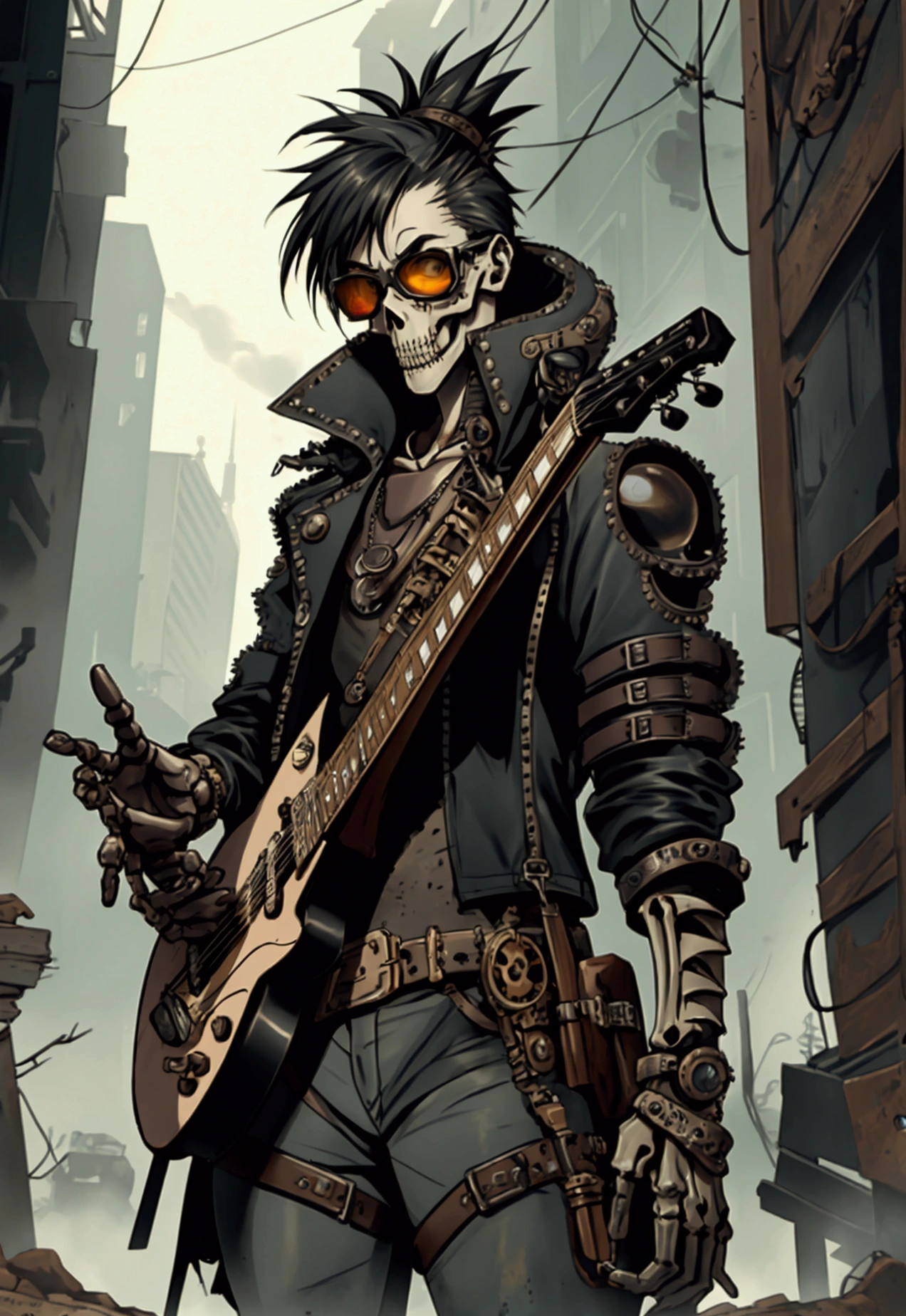 skeleton, steampunk, modified electric guitar, punk, futuristic glasses, aesthethic, post-apocalyptic 