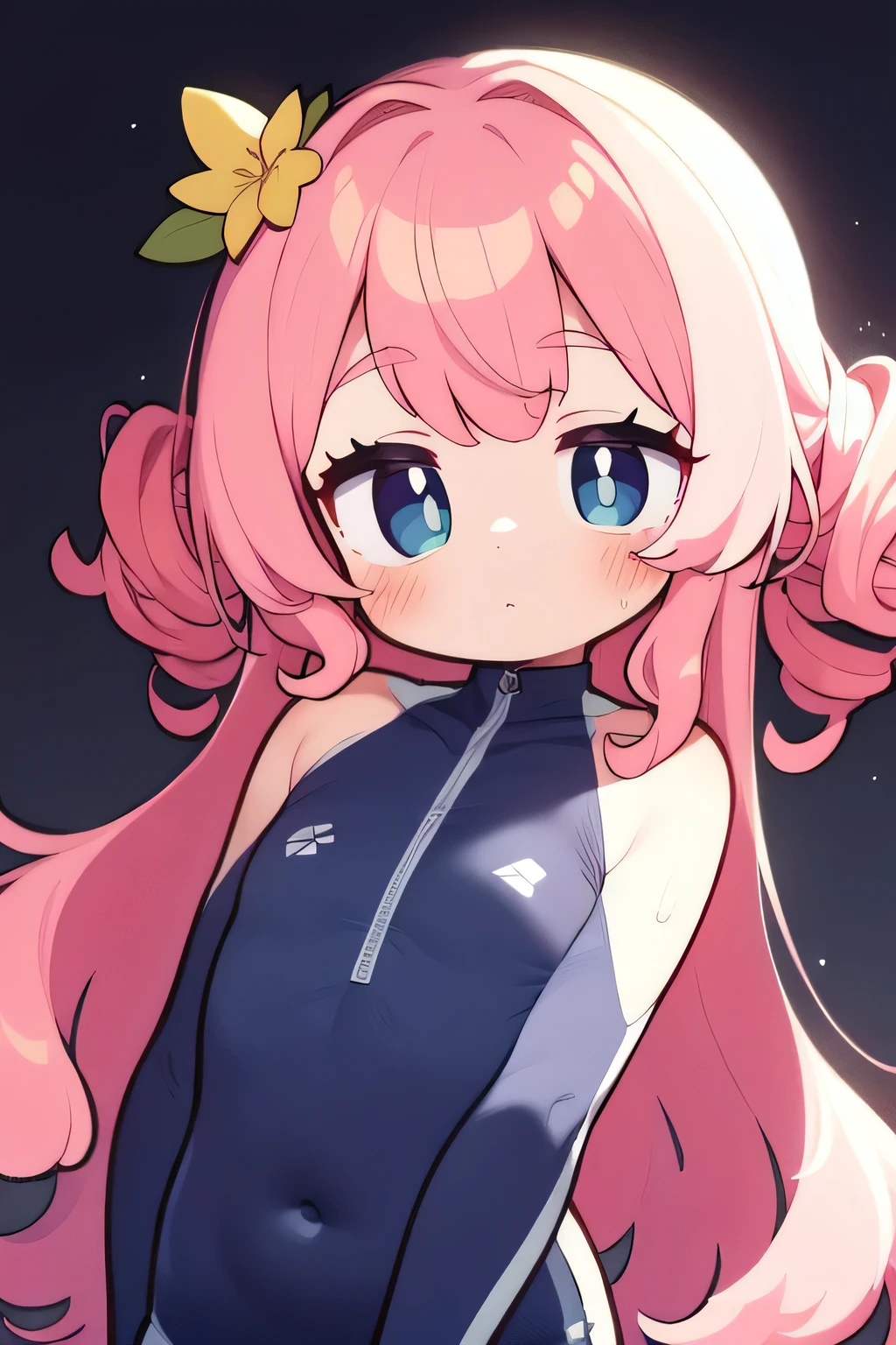 curly hair, curlers, light pink hair, upturned hair, a flower ornament in her hair, dark blue eyes, cute, beautiful, sport suit