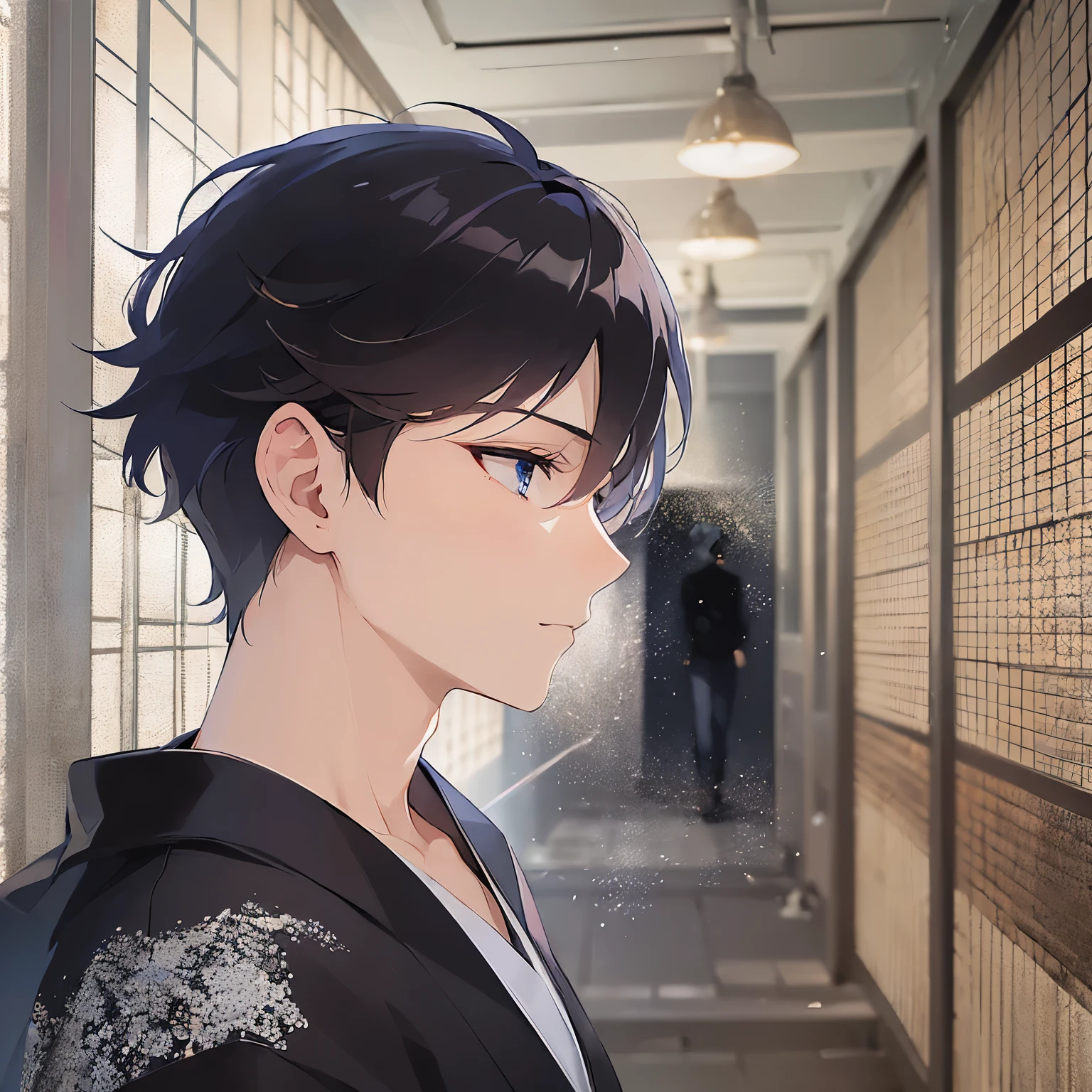 (25-year-old male:1.5) and(Black short hair) and (blue eyes), Side shot, (looking away:1.5), upper body、
masterpiece、Highest quality、
yukata,worried,The background is a Japanese-style corridor、Walking（alone:1.5）