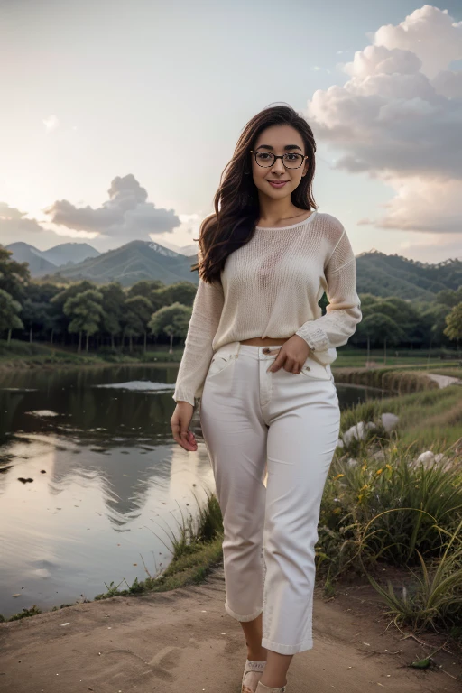 Young sweet beautiful Bogor city girl standing cheerful on wide rice  field near Bogor, descent mixed from sundanese and javanese and Arabic, little breasts, very very slim body, have big  greek nose,  tirus slim  face, wide forehead,  big eyes, little sexy  mouth, heavy down lip, thin uper lip, charm and cute girl, her name is Dewi, very sweet and harmful  smile, in the sunny fresh sunset, georgeus face, slim body, 19 years old, student of agriculture university, wearing 80's style big   size white thin long sleeve long sweater, wearing not sexy white thin trousers in late 80' years era mode and style, wearing wedges shoes, very realistic, very natural, very realistic, all body from head to toes view, wind blowing so strong  and blowing everything, straight bob style slim hairs with a bangs blown by the  very strong wind, salak mountain as background, beautiful sunset and beautiful girl, sweet romantic moment that can't forget, wearing glasses, she is very in love to me,