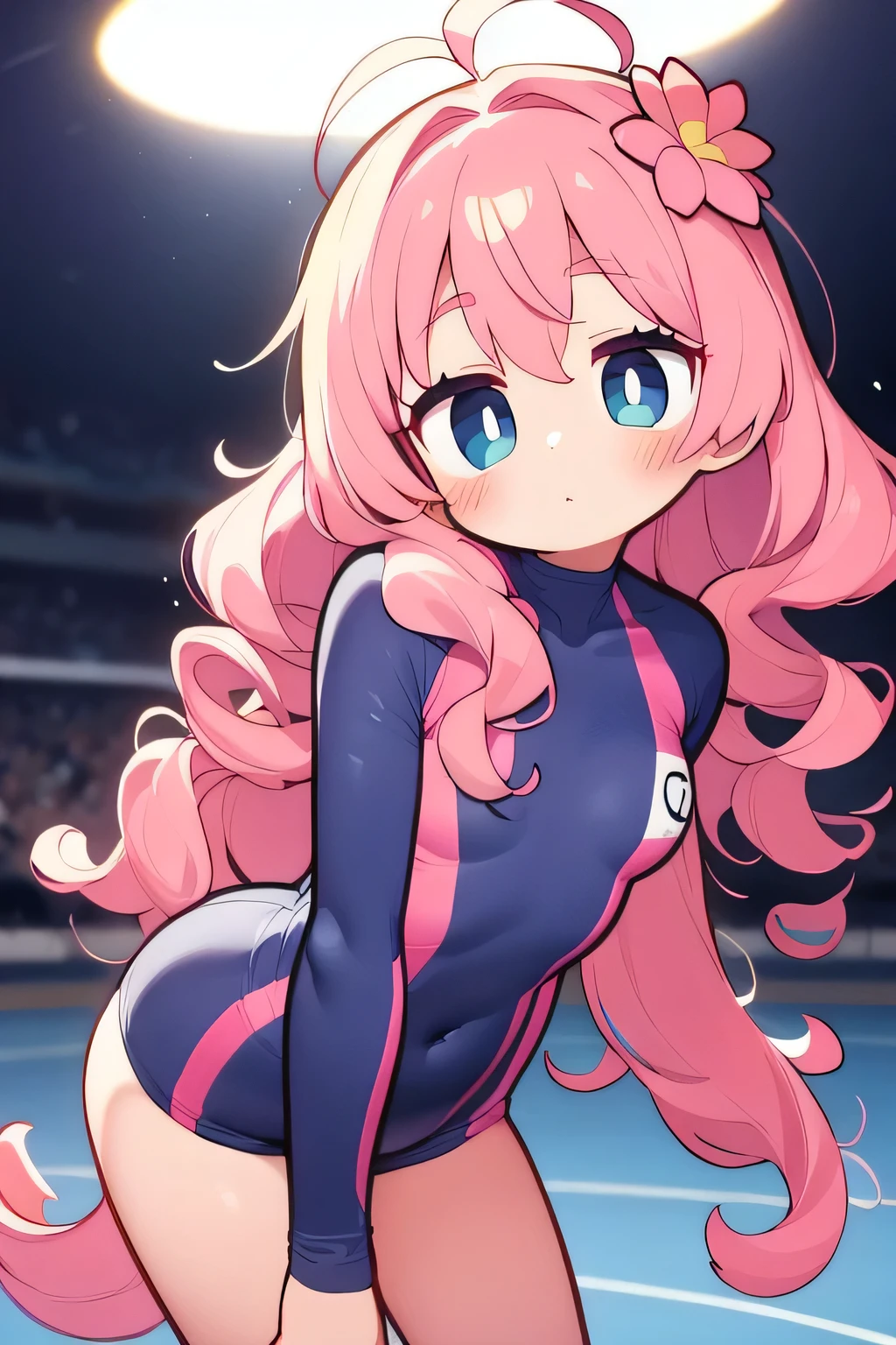 curly hair, curlers, light pink hair, upturned hair, a flower ornament in her hair, dark blue eyes, cute, beautiful, sport suit