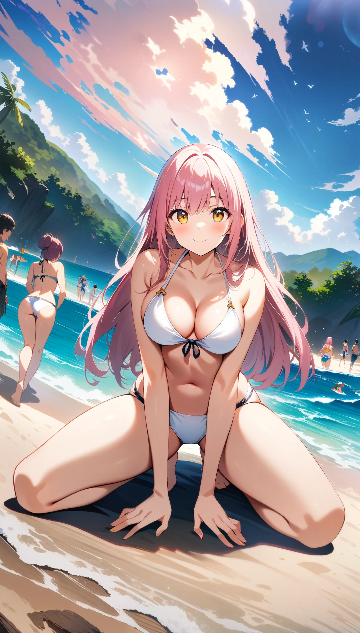 1 girl, long Hair, pink hair, yellow eyes, (tsurime), white bikini, cute bikini, smile, many angle, Close your legs, A beach with lots of people, (kneeling), from front, (from below), ((32K)), ((best quality)), ((ultra high res)), ((HDR)), ((uhd)), ((extremely detailed CG)), ((unity 32K wallpaper)), ((perfect anatomy)),