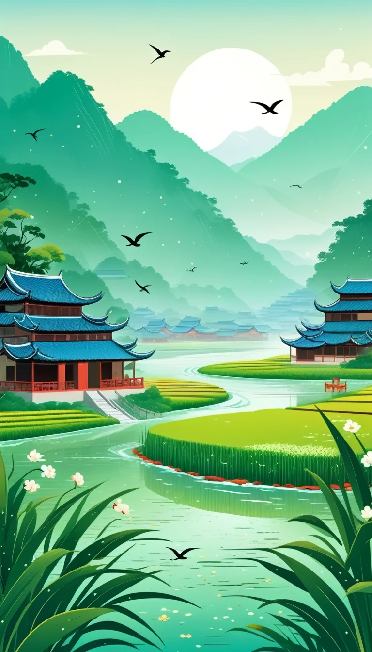 Qingming Festival Chinese countryside, plants and flowers, swallows, wicker, rice field, light rain, river, bright, spring green, bright background, blank at the top of the frame, flat illustration, Victo Ngai style,(The background at the top of the screen is blank:1.4), The style is simple, with flat illustrations and simple lines.Flat illustration in a vector art style，creating a tranquil atmosphere with soft lighting. The artwork is presented at a high resolution.