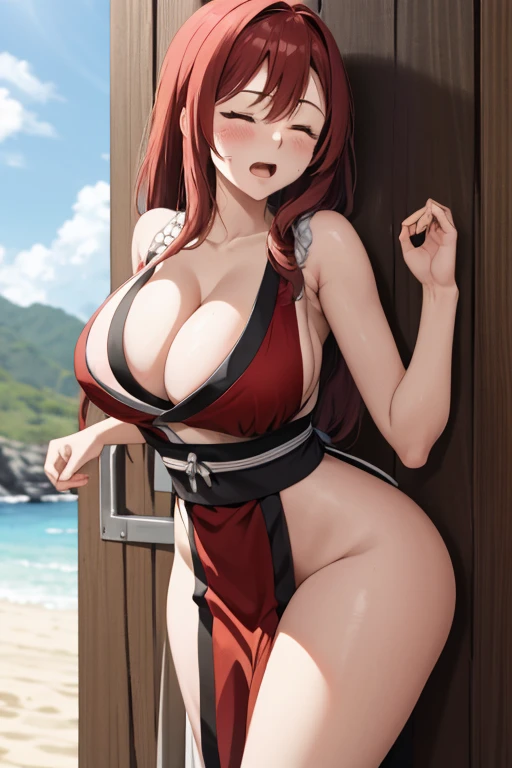 masterpiece, best quality, beautiful art, high resolution, well formed hands, body and fingers, 1 woman, solo, Maou ,adult, grown up, cosplaying as Mai Shiranui , mai_shiranui_cosplay, adult, large and round ed, cleava body , hair ribbon, gorgeous legs and, thighs, sexy Japanese thes, hair ornament , sexy legs , hips thighs,ryona , in peril, she is being beaten up by her opponent, she is knocked down and she is slapped in the face , she is pushed against the wall, being humiliated by her opponent, receiving the impact of her opponent's attacks, closed eyes, screaming in pain and agony, heroine in peril, ryd perilous scene, bouncing breasts, weak and helplessal arts tournament on the beach