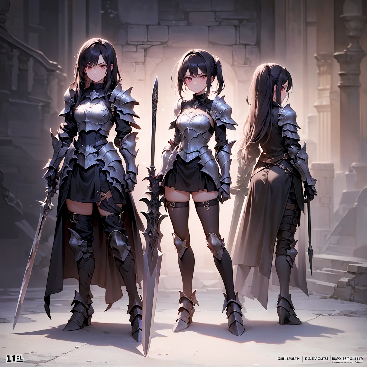 Design a layout showcase Gaming character, (1girl). Golden+Purle clothes, stylish and unique, ((showcase weapon:1.4)), magic staff, (masterpiece:1.2), (best quality), 4k, ultra-detailed, (Step by step design, layout art:1.5), (luminous lighting, atmospheric lighting), magican, ((glove full hands)), (((revealing clothes:1.3))), vambraces, armored legwear, (((full_body_shot:1.4)))