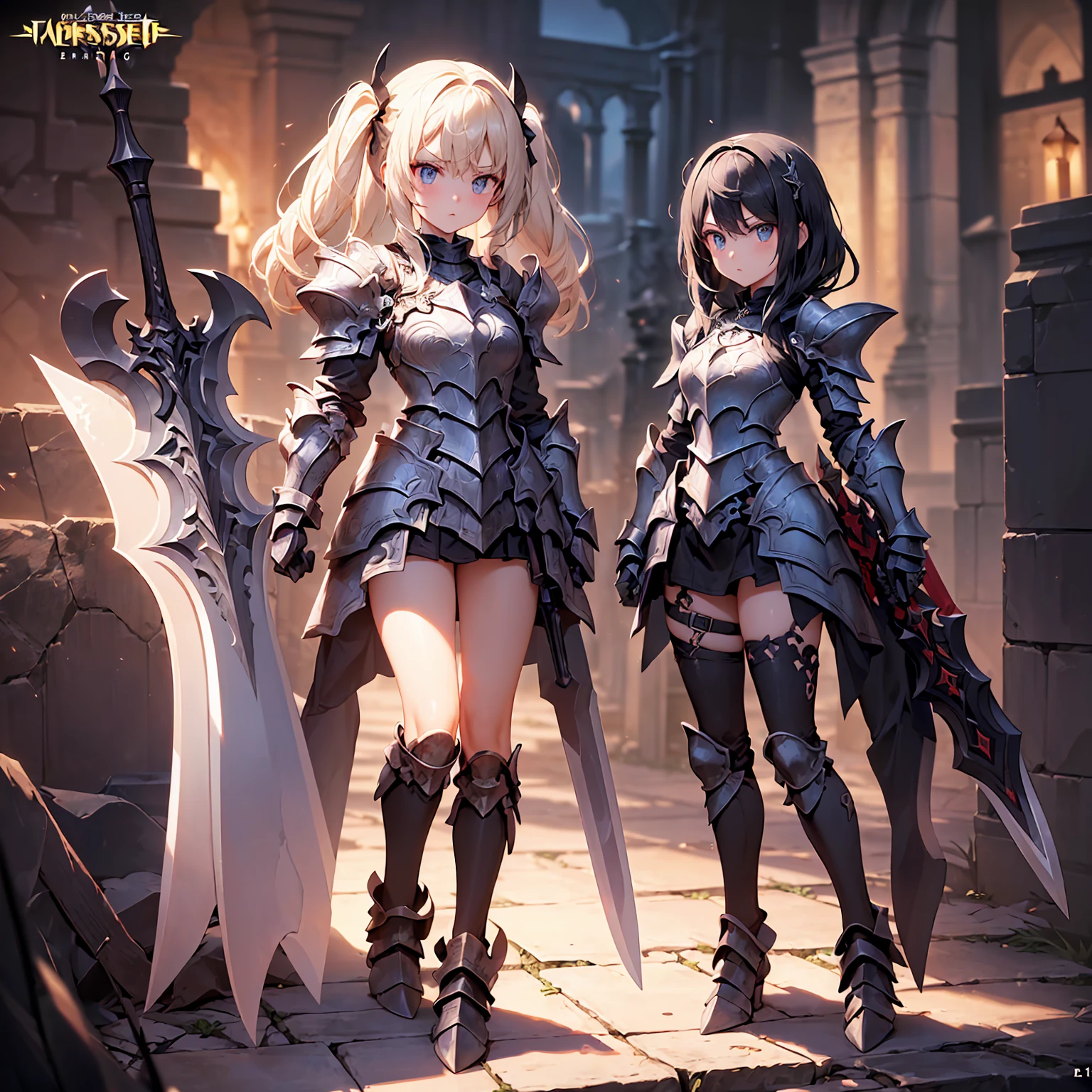 (((masterpiece, best quality, high detailed, 8k))) Design a layout showcase Gaming character, (1girl). Black|Gold clothes, stylish and unique. ((showcase weapon:1.4)), dark scythe. (masterpiece:1.2), (best quality), 4k, ultra-detailed. (Step by step design, layout art:1.5), (luminous lighting, atmospheric lighting). necromancer, ((glove full hands)), (((revealing clothes:1.3))), vambraces, armored legwear, (((full_body_shot:1.4))). {In a haunted graveyard}.