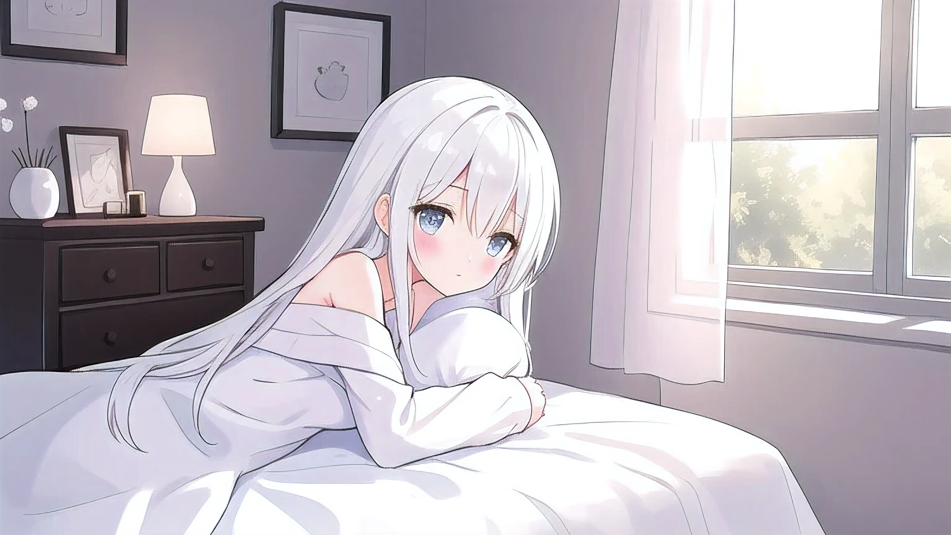 beautiful illustration, best qualityer, Beautiful girl, Room, listening to musicwhite hair, two sides up, how they are, black and white