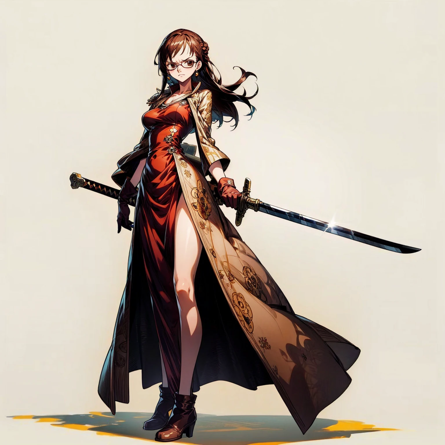 Grassroot, full body version, solo, girl, glasses, brown colour hair, long haircut, brown eyes, gloves, long party dress, dress is sexy, (one piece style art), standing gesture, long sword in hand, shadow 