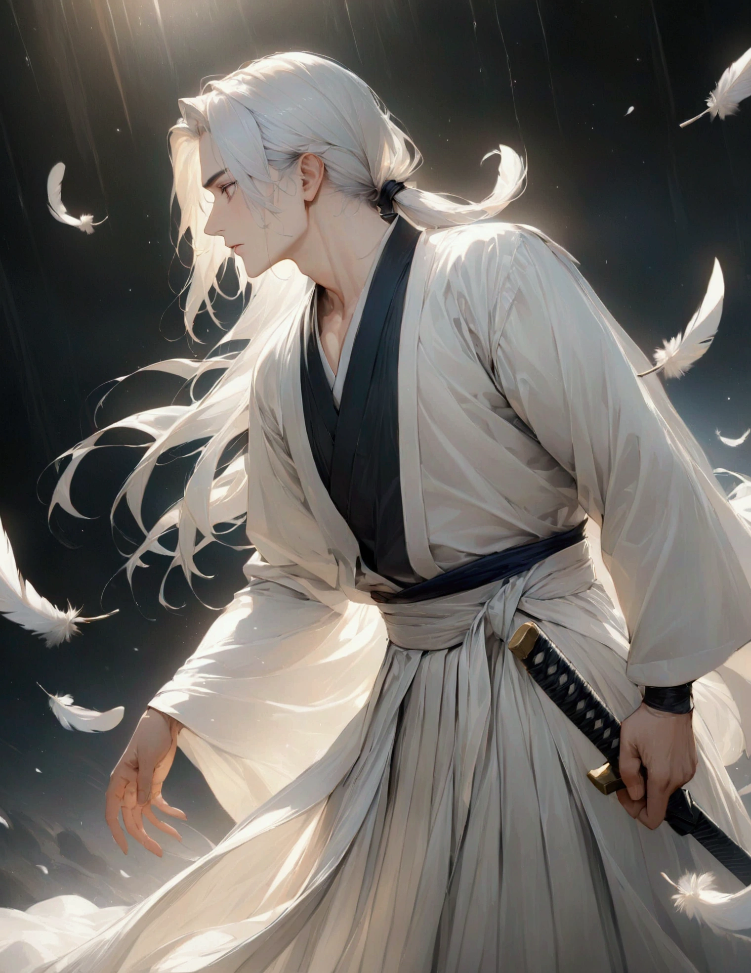 (masterpiece:1.3),(最high quality:1.4),(Very detailedな:1.5),High resolution,Very detailed,8k,artwork,High level of detail,rendering,high quality,Wide range of colors,A fantastical space where white feathers rain down,Vivid light,(One man、profile),Cool handsome guy,Swordsman、White Hair、Long hair that reaches down to the waist is tied in a single ponytail、White Hakama、白いSwordsmanの服装、((samurai)),There's a sword on his waist、Looking up with a blank look。