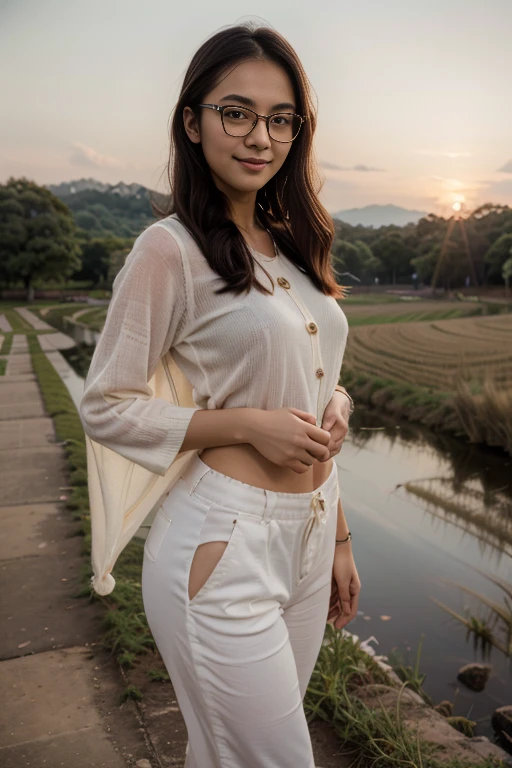 Young sweet beautiful Bogor city girl standing cheerful on wide rice  field near Bogor, descent mixed from sundanese and javanese and Arabic, little breasts, very very slim body, have big  greek nose,  tirus slim  face, wide forehead,  big eyes, little sexy  mouth, heavy down lip, thin uper lip, charm and cute girl, her name is Dewi, very sweet and harmful  smile, in the sunny fresh sunset, georgeus face, slim body, 19 years old, student of agriculture university, wearing 80's style big   size white thin long sleeve long sweater, wearing not sexy white thin trousers in late 80' years era mode and style, wearing wedges shoes, very realistic, very natural, very realistic, all body from head to toes view, wind blowing so strong  and blowing everything, straight bob style slim hairs with a bangs blown by the  very strong wind, salak mountain as background, beautiful sunset and beautiful girl, sweet romantic moment that can't forget, wearing glasses, she is very in love to me,