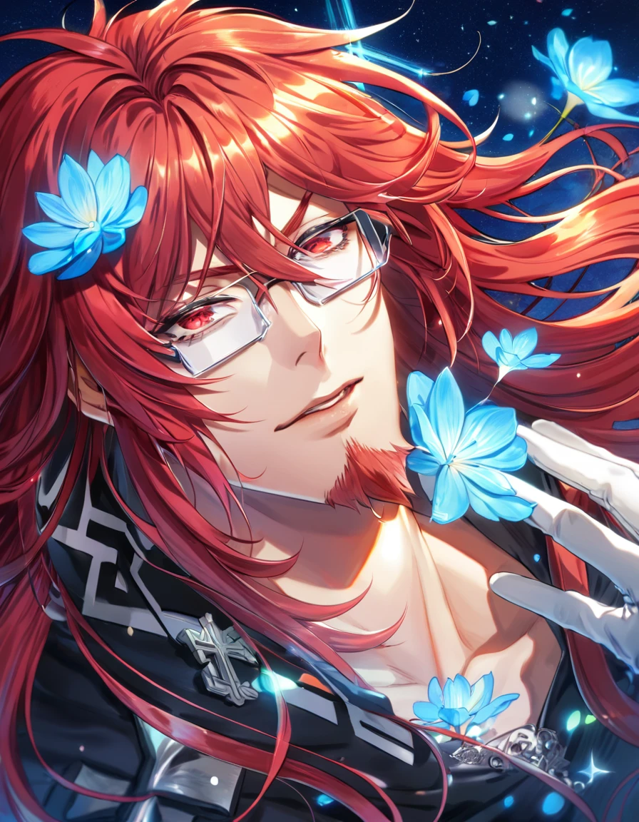 absurdres, highres, ultra detailed, HDR, master piece, Marian Cross, red hair, messy hair, long hair, red goatee, expressive red eyes, black coat, rectangular glasses, white gloves, D.Gray-Man, y man, handsome, best quality, blue flowers, fantasy, solo, blue shining fireflies, blue petals, sensual, starry sky, shining, blue blossoms