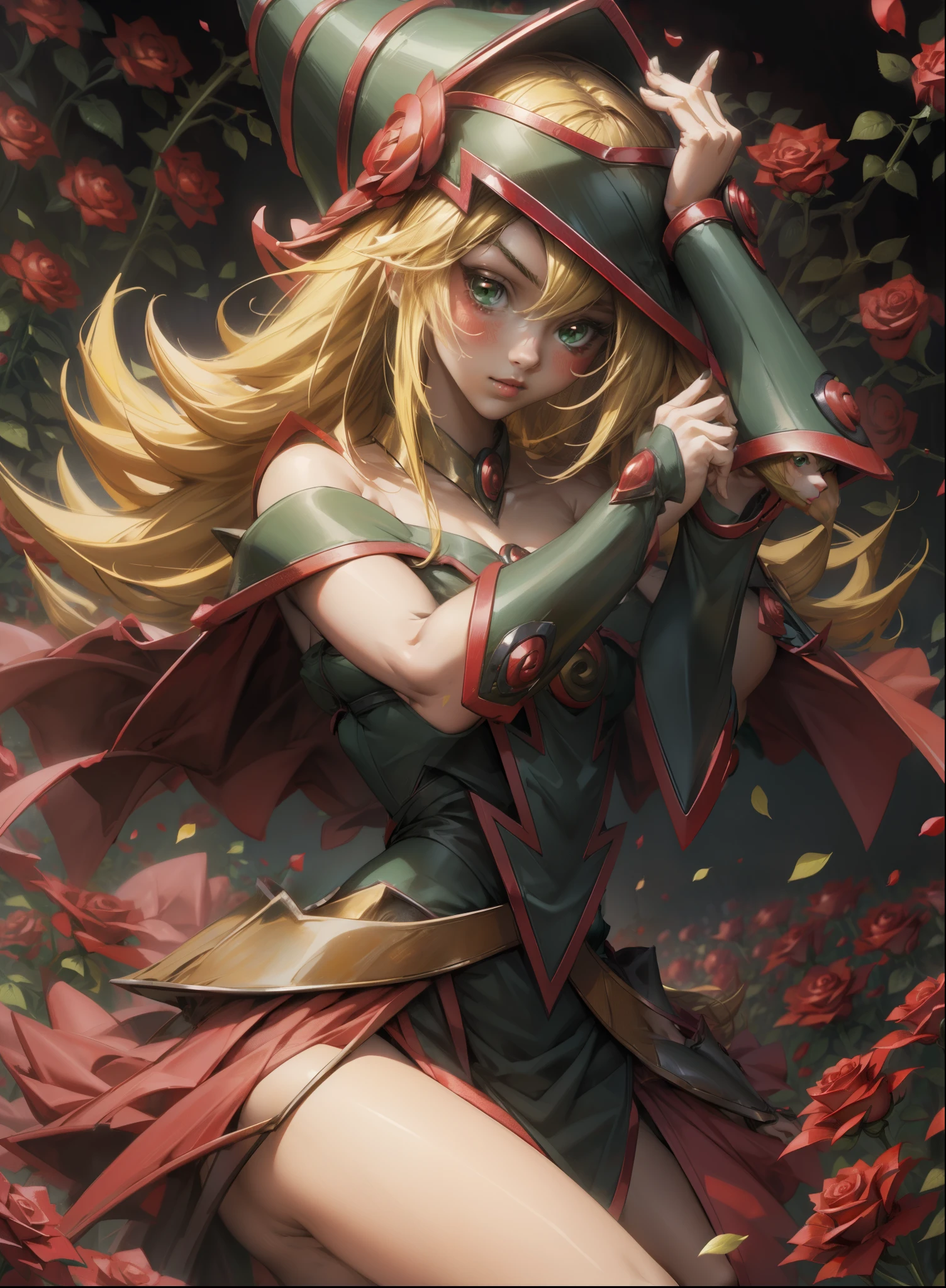 Beautiful dark magician gils. Young man with long blonde hair. green eyes. small lips. She is in a garden of red roses.. Red roses surround her. pose and innocent. red roses background.