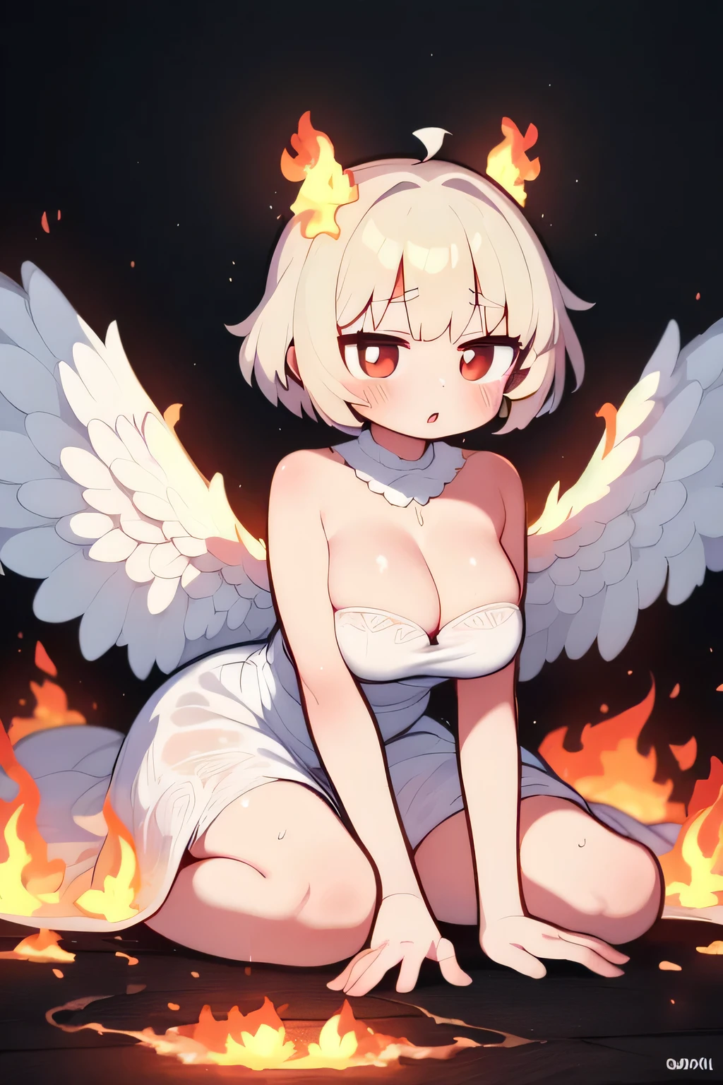 angel, large open wings made of fire, seductive young woman, beautiful, gorgeous, fractal, solar, burning, flame, white-hot dry air, hot air turbulence, ash floor, heavy atmosphere, fire elemental, fantasy, mesmerizing beaming intricate dress.