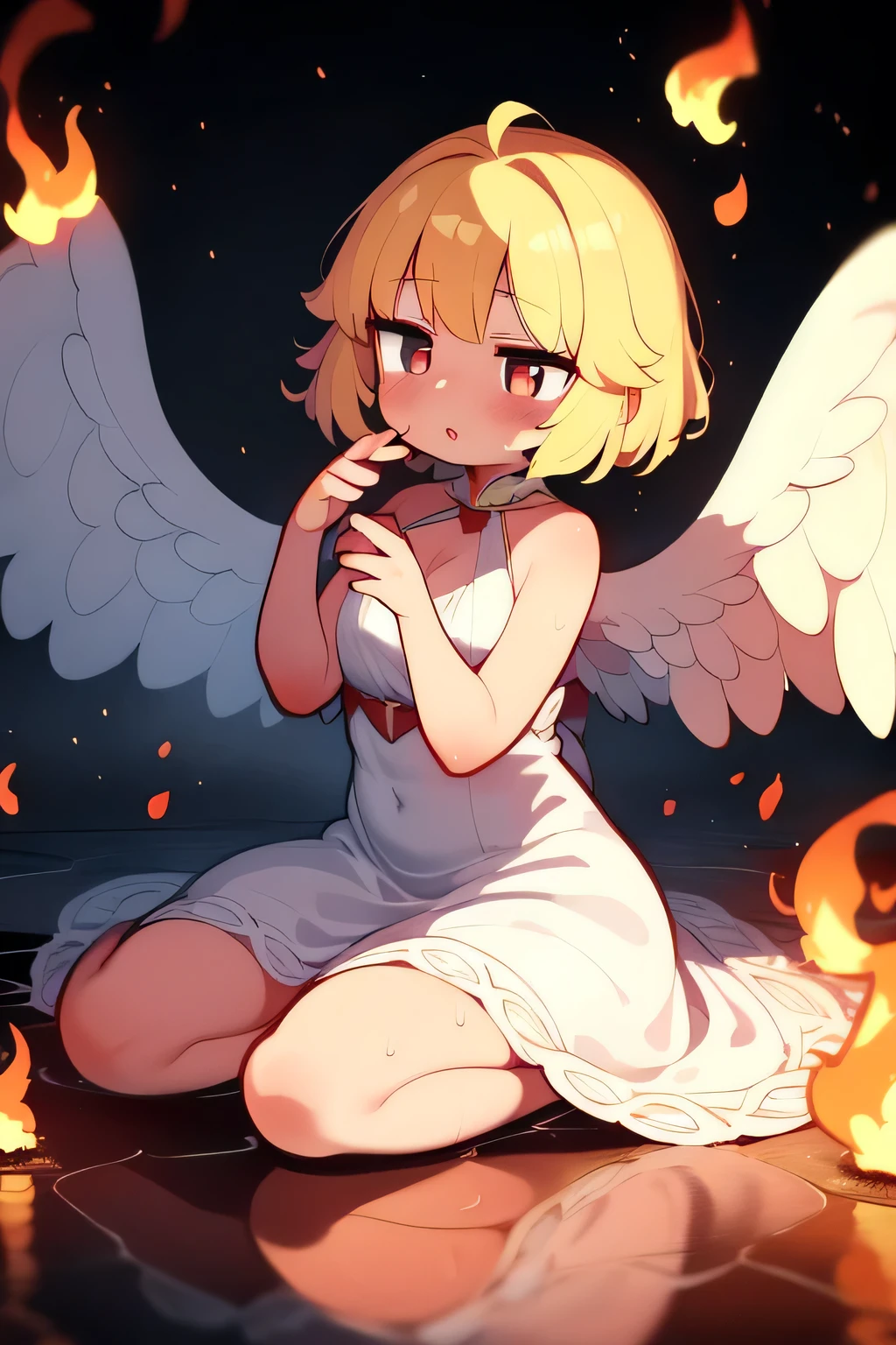 angel, large open wings made of fire, seductive young woman, beautiful, gorgeous, fractal, solar, burning, flame, white-hot dry air, hot air turbulence, ash floor, heavy atmosphere, fire elemental, fantasy, mesmerizing beaming intricate dress.