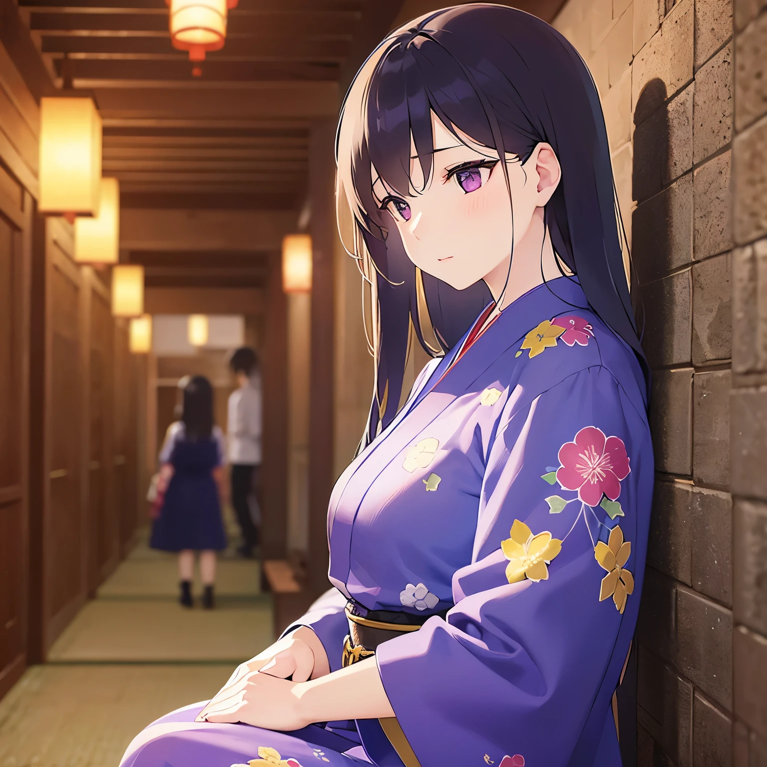 side ungle,Upper Body,(looking away:1.5)、profile、leaning on wall、
Realistic, real person, (pale skin: 1.2), RAW photo, photorealistic, shiny skin, shiny hair、
(A 25-year-old woman with straight hair and bangs) and (medium hair) and (black hair) and (purple eyes) ,
yukata,bitter、The background is the hallway of a Japanese inn at night
