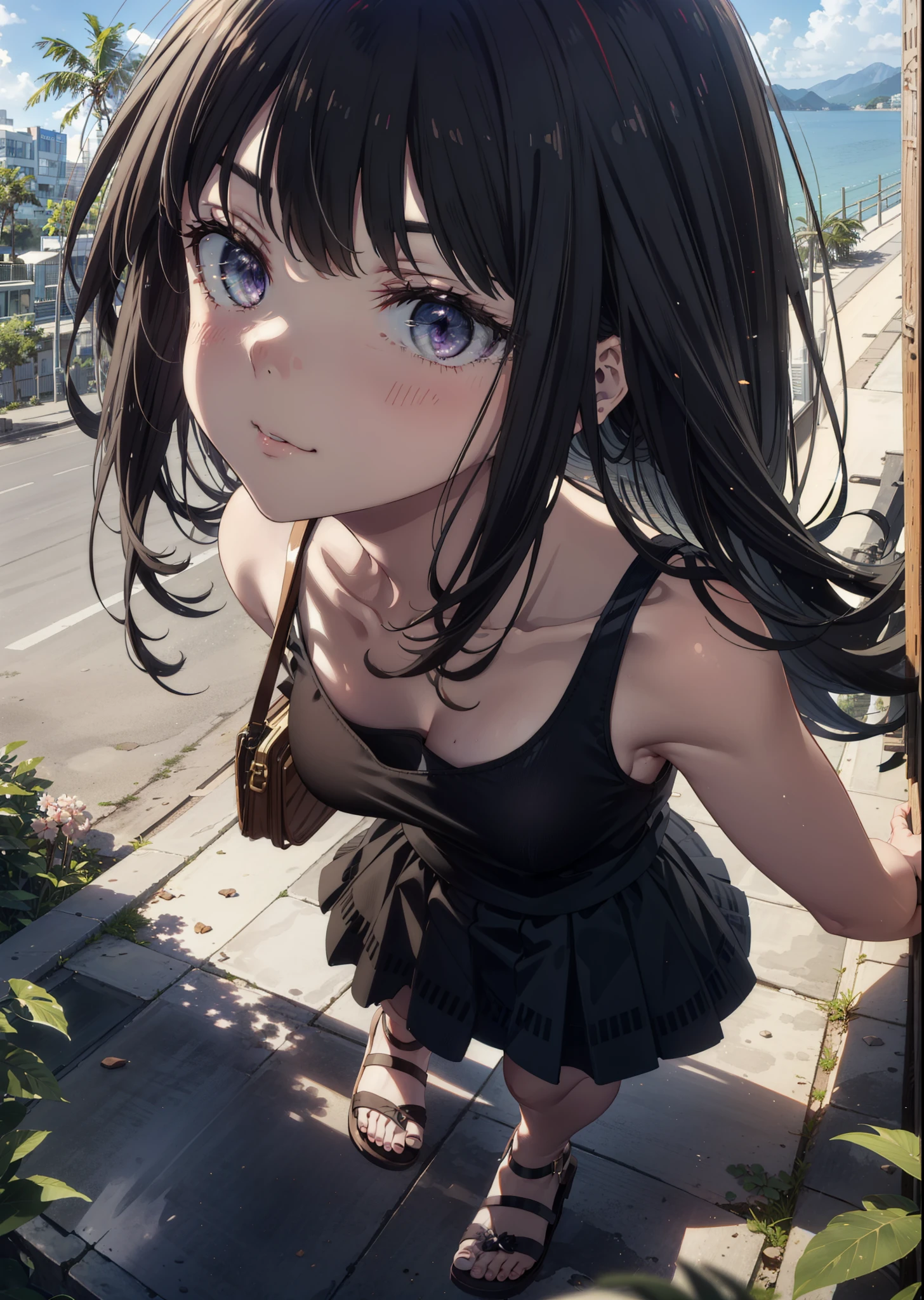 Takiuchikami, Long Hair, bangs, Black Hair, (Purple eyes:1.2),Blue Tank Top,White long skirt,Heeled Sandals,Daytime,Clear skies,Palm tree,Are standing,smile,Close your mouth,Walking,blush,whole bodyがイラストに入るように,
break outdoors, tropical,Tropical,Coastal Road,
break looking at viewer, whole body,
break (masterpiece:1.2), Highest quality, High resolution, unity 8k wallpaper, (figure:0.8), (Beautiful attention to detail:1.6), Highly detailed face, Perfect lighting, Highly detailed CG, (Perfect hands, Perfect Anatomy),