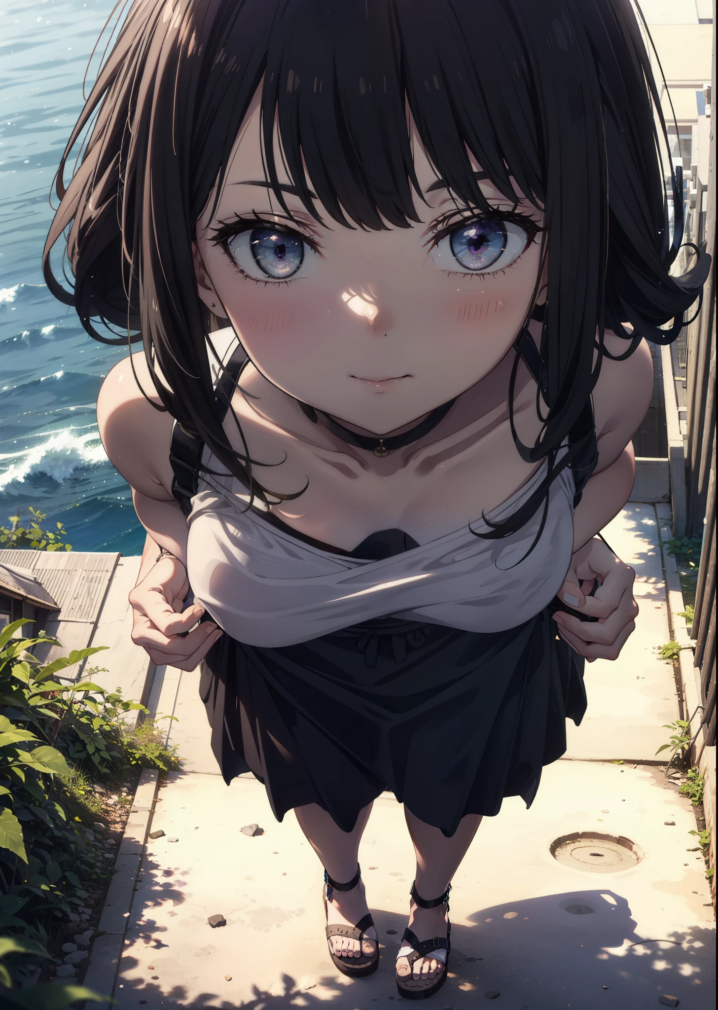 Takiuchikami, Long Hair, bangs, Black Hair, (Purple eyes:1.2),Blue Tank Top,White long skirt,Heeled Sandals,Daytime,Clear skies,Palm tree,Are standing,smile,Close your mouth,Walking,blush,whole bodyがイラストに入るように,
break outdoors, tropical,Tropical,Coastal Road,
break looking at viewer, whole body,
break (masterpiece:1.2), Highest quality, High resolution, unity 8k wallpaper, (figure:0.8), (Beautiful attention to detail:1.6), Highly detailed face, Perfect lighting, Highly detailed CG, (Perfect hands, Perfect Anatomy),