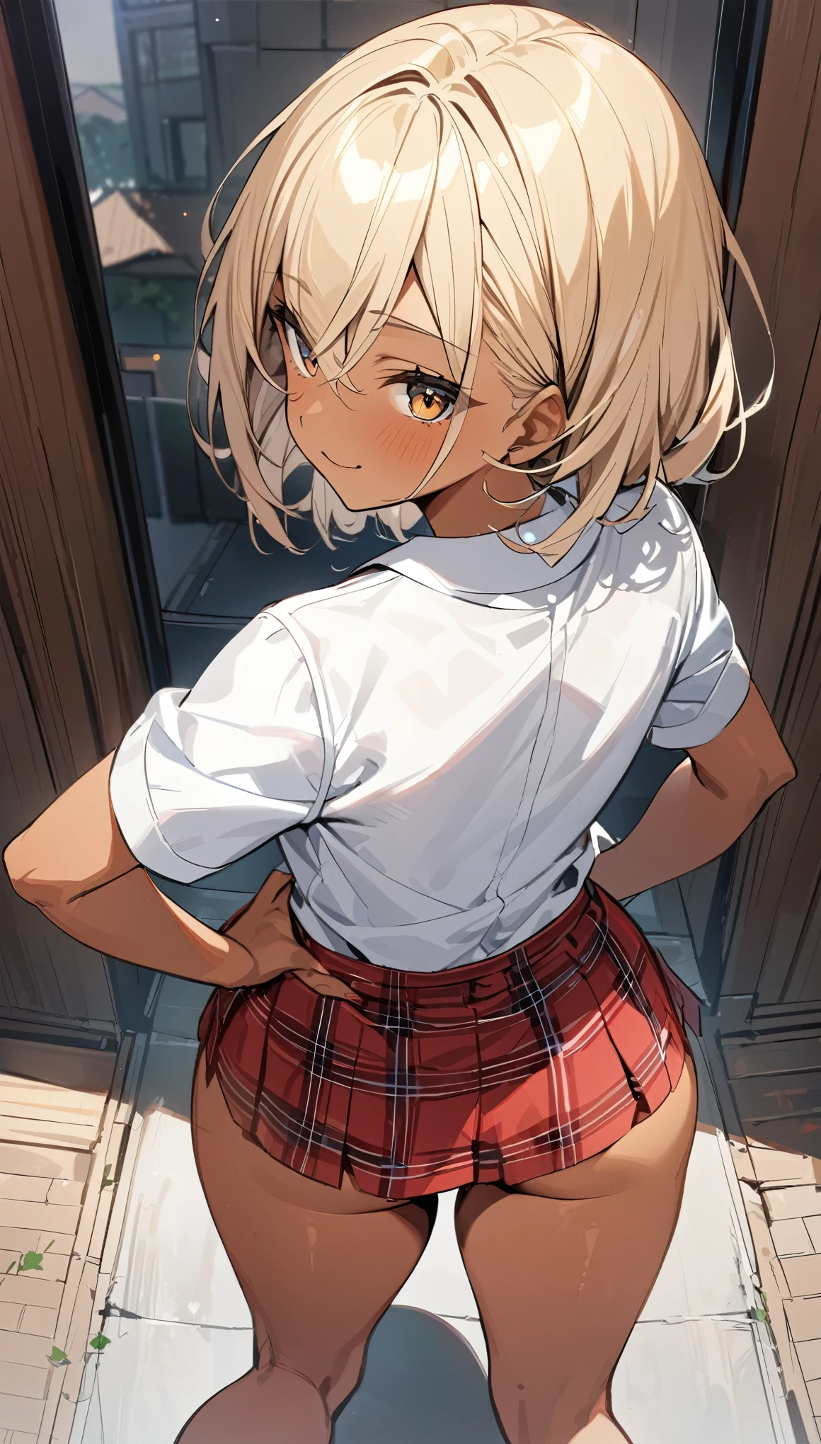 ((masterpiece)),(((Highest quality))),Thin thighs,An 25-year-old high school girl standing on the school steps,White shirt,Blue and red plaid mini skirt:1.5,The best smile,Short-cut blonde:1.5,A pose from above with legs spread and buttocks sticking out, (hands on the knee), (stick out butt), (focus on hips), (high angle) ,(tan skin), show hips,(Top view), (shot from behind),