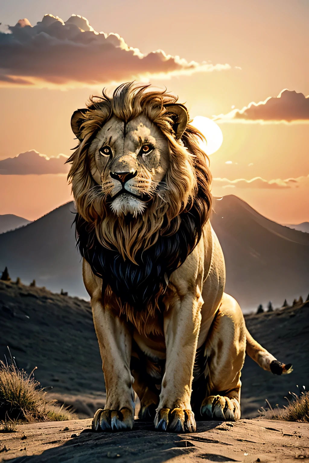 golden lion roaring at sunset under the mountain.