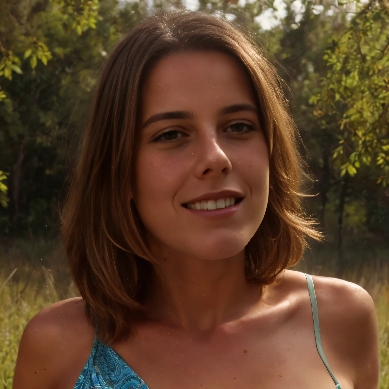 A young woman lies gracefully on a sunlit meadow, adorned in a beautiful paisley print off-the-shoulder top that flows elegantly with her movements. The top features intricate patterns in rich hues of indigo, turquoise, and gold, creating a captivating visual texture. She pairs it with a matching flowy maxi skirt that billows gently around her, the fabric soft and sheer, catching the light and adding a dreamy, ethereal quality to the scene.

Her hair, a stunning blonde with natural waves, frames her face in soft, sun-kissed curls. Her buzz-cut at the nape of her neck contrasts with the longer waves, creating a modern, edgy look that enhances her youthful appearance. The sunlight filters through the trees, casting a warm, golden glow on her tan skin, highlighting its natural imperfections and adding to the realism of the scene.

She has realistic skin with small, natural imperfections that give her a genuine, relatable beauty. Her skin tone is a warm tan, enriched by the evening light, and her features are meticulously detailed, from the subtle freckles across her cheeks to the gentle lines that form when she smiles. Her face is radiant, with a slightly flushed look that complements her glowing complexion.

In the background, the setting is a picturesque meadow surrounded by tall grasses and wildflowers. The scene is bathed in the soft, golden light of the evening, creating a serene and tranquil atmosphere. The bokeh effect in the background blurs the distant landscape, allowing the focus to remain on the woman while adding depth and a touch of magic to the composition. The soft, diffused light from the setting sun enhances the natural beauty of the scene, providing a perfect blend of realism and artistic charm.

The setting includes a realistic, detailed background with hints of the natural world—the gentle undulations of the terrain, the lush greenery of the grass, and the delicate hues of the wildflowers that dot the meadow. The evening light casts long shadows 