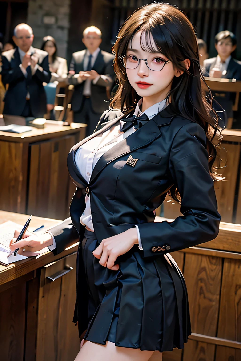 photorealistic, magic circle, meishaonv, (RAW Photos)、Realistic、(Super detailed:1.2)、(High resolution:1.2)、(masterpiece)、(Highest quality)、(8k)、Ultra-Details、(Perfect Anatomy:1.3)、Beautiful Eyes、Angle from below、One girl、View your viewers、A confident smile、(A beautiful and talented female lawyer)、give a passionate speech in court、(Action with hand holding document)、(Super hourglass body type)、(Super big breasts pointing upwards:1.3)、(Black suit and skirt)、Black Hair、Thin frame glasses、Arms crossed、Pointing、Hands on hips、Correct fingers、Open your legs and stick your buttocks out、Dynamic poses in court、court、Complex backgrounds depicted in detail