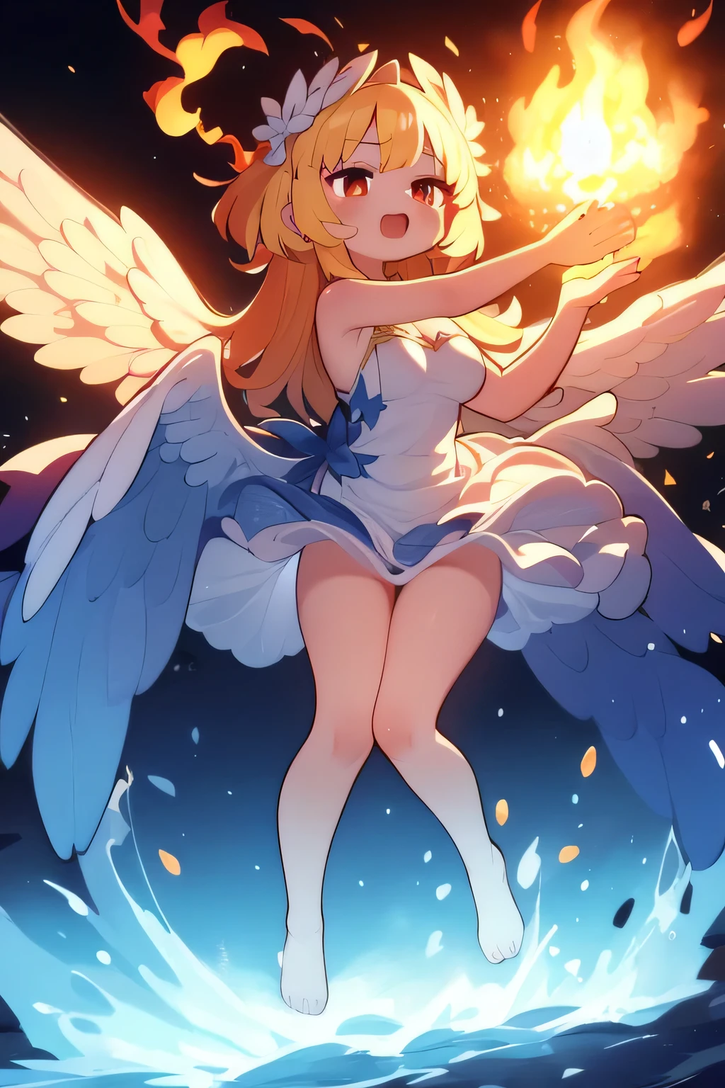 angel, large open wings made of fire, beautiful, gorgeous, solar, flame, heavy atmosphere, fire elemental, fantasy, mesmerizing beaming intricate dress.