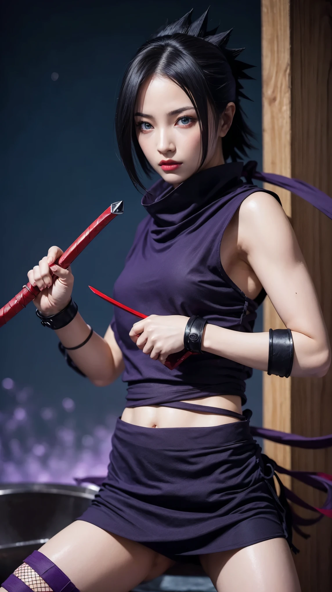 Moisturized skin, (red eyes: 1.4), perfect body, adult female body, mature, cold expression,
BREAK,
(beautiful navel), (kunoichi), (ninja), sexy, (kunai), (leather), fishnet, (fishnet stockings: 1.2), (black clothes), bright red lipstick, (ninja clothes: 1.4),
BREAK,
(highly detailed hair: 1.2), spiky black hair, spiky hairstyle, ((headgown with a bowl)),
BREAK,
((masterpiece + highest quality + high resolution + highly detailed)), (full body: 1.2), symmetrical, one shot,
BREAK,
(blue electricity flows), (Wind blows), (Fighting stance: 1.4), ((A big full moon is in the sky)),
BREAK,
(Uchiha Sasuke: 1.3), Elegant, ((Holding a Japanese sword)), Black sword, Holding the handle of the sword, Long blade, Neon city, Night, Long, big, thick rope around waist, ((Purple electricity runs through the whole)),