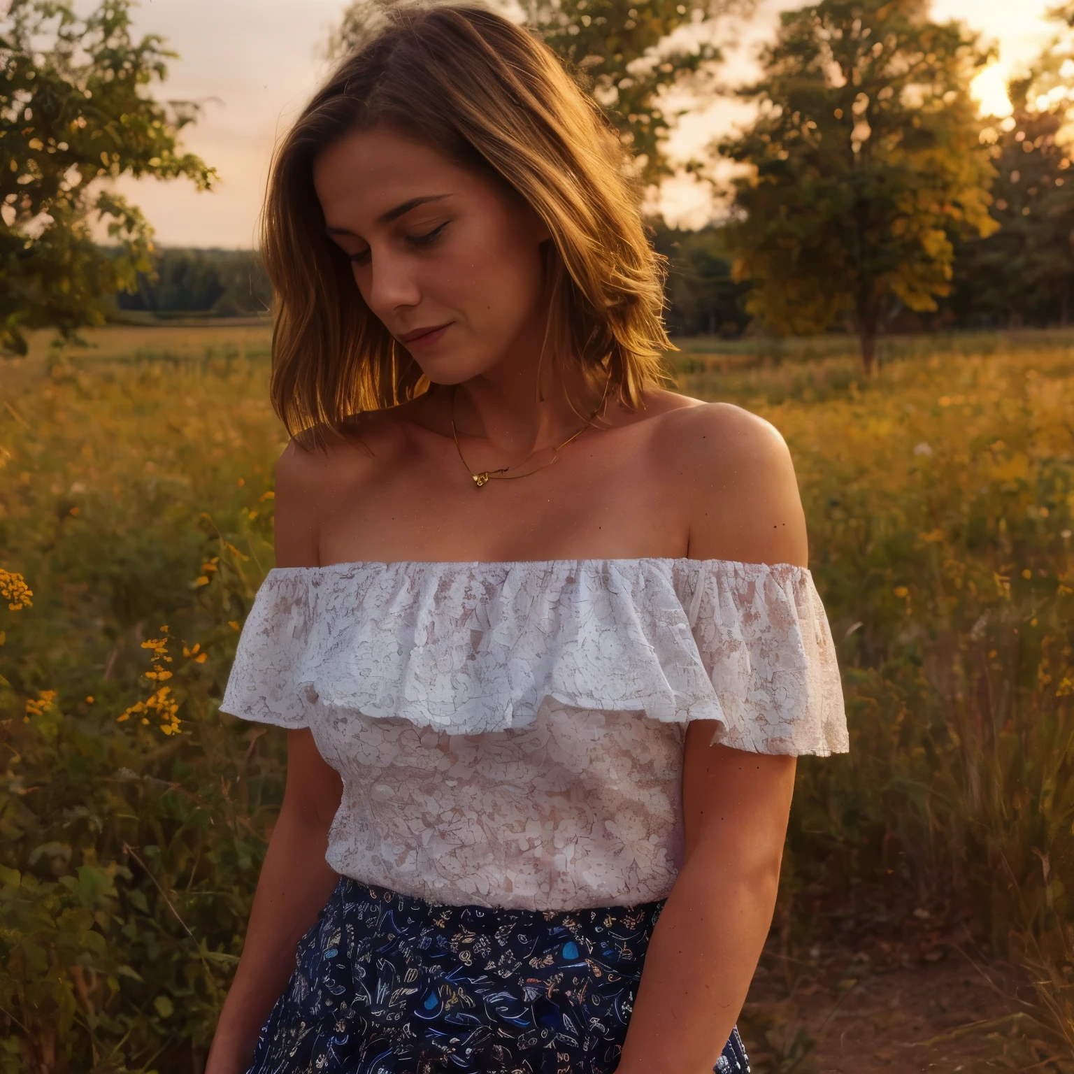 A young woman lies serenely on a lush, sunlit meadow, dressed in a stunning paisley print off-the-shoulder top and a flowing maxi skirt. The top, adorned with intricate paisley patterns in vibrant hues of teal, crimson, and gold, drapes gracefully over her shoulders, revealing her collarbones. The maxi skirt, made from a lightweight, airy fabric, flows around her with gentle movement, its subtle sways adding a touch of elegance to her pose.
Her hair is styled in soft, wavy blond locks that cascade over her shoulders, with a buzz-cut at the nape of her neck contrasting against the longer waves. The natural texture of her hair catches the evening light, highlighting its rich, golden tones. Her skin is a warm tan, with realistic imperfections such as freckles and slight blemishes, which add to the authenticity of her appearance. The evening light casts a warm, golden glow across her skin, enhancing its natural beauty and bringing out the rich textures and subtle shadows.
The background features a detailed, realistic depiction of a meadow, lush with greenery and dotted with wildflowers. The setting sun bathes the scene in a soft, golden light, creating a peaceful ambiance. The background is slightly blurred with a soft bokeh effect, focusing attention on the woman while adding depth to the composition. The gentle movement of the skirt and the subtle wind create a dynamic yet serene atmosphere, enhancing the natural feel of the scene.
The off-the-shoulder top reveals the graceful curve of her collarbones, and she wears a delicate necklace that catches the light. Her expression is serene, with a soft smile and a calm demeanor, reflecting a moment of tranquility. The detailed background includes the lush greenery of the meadow and the setting sun, contributing to the overall peaceful ambiance of the image. The intricate patterns on her top and the flowing fabric of her skirt are rendered with rich textures, adding depth and visual interest to the scene.