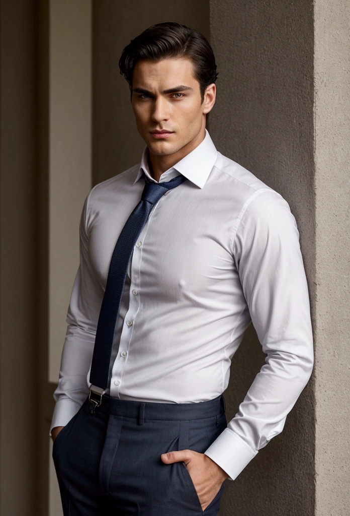 He is a striking figure standing at 6'2" with an athletic build that speaks of discipline and strength. His chiseled features are highlighted by his intense grey eyes, which hold a depth of emotion and intelligence. His perfectly styled dark hair falls effortlessly in place, adding to his allure. Dressed in a crisp white shirt with the top two buttons undone, he exudes a sense of relaxed confidence. The shirt is complemented by dark suspenders that add a touch of vintage charm and hint at his appreciation for classic style. His navy blue tie, slightly loosened. His strong jawline is complemented by a trimmed beard, giving him a rugged yet polished appearance. His lips, curved into a slight, knowing smirk, hint at a mix of confidence and mystery, suggesting he is a man who has seen much and learned to keep his secrets close. Despite his polished exterior, there is an air of complexity about him. His posture is both relaxed and alert, indicating a man who is always aware of his surroundings and ready to take action if necessary. He carries an aura of authority and charisma, making him a natural leader who commands attention wherever he goes.