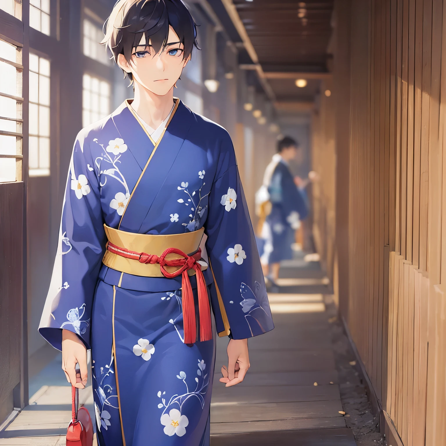 (25-year-old male:1.5) and(Black short hair) and (blue eyes), Side shot, (looking away:1.5), upper body、
masterpiece、Highest quality、
blue yukata,worried,The background is a Japanese-style corridor、Walking（alone:1.5）