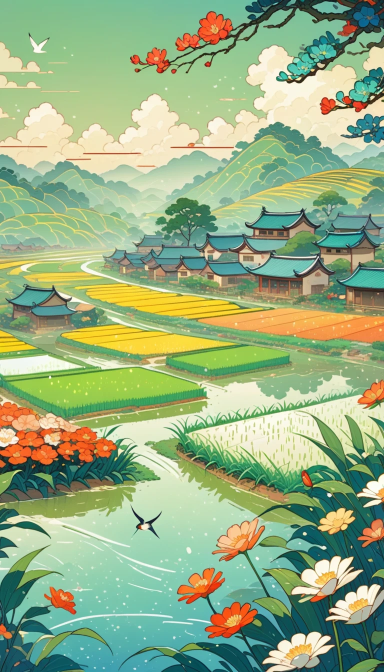 Qingming Festival Chinese countryside, plants and flowers, swallows, wicker, rice field, light rain, river, bright, spring green, bright background, blank at the top of the frame, flat illustration, Victo Ngai style,(The background at the top of the screen is blank:1.4), The style is simple, with flat illustrations and simple lines.Flat illustration in a vector art style，creating a tranquil atmosphere with soft lighting. The artwork is presented at a high resolution.