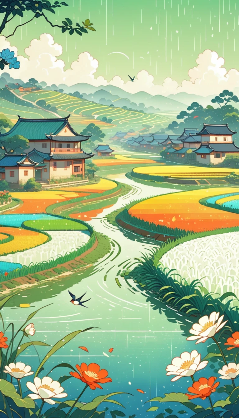 Qingming Festival Chinese countryside, plants and flowers, swallows, wicker, rice field, light rain, river, bright, spring green, bright background, blank at the top of the frame, flat illustration, Victo Ngai style,(The background at the top of the screen is blank:1.4), The style is simple, with flat illustrations and simple lines.Flat illustration in a vector art style,creating a tranquil atmosphere with soft lighting. The artwork is presented at a high resolution.