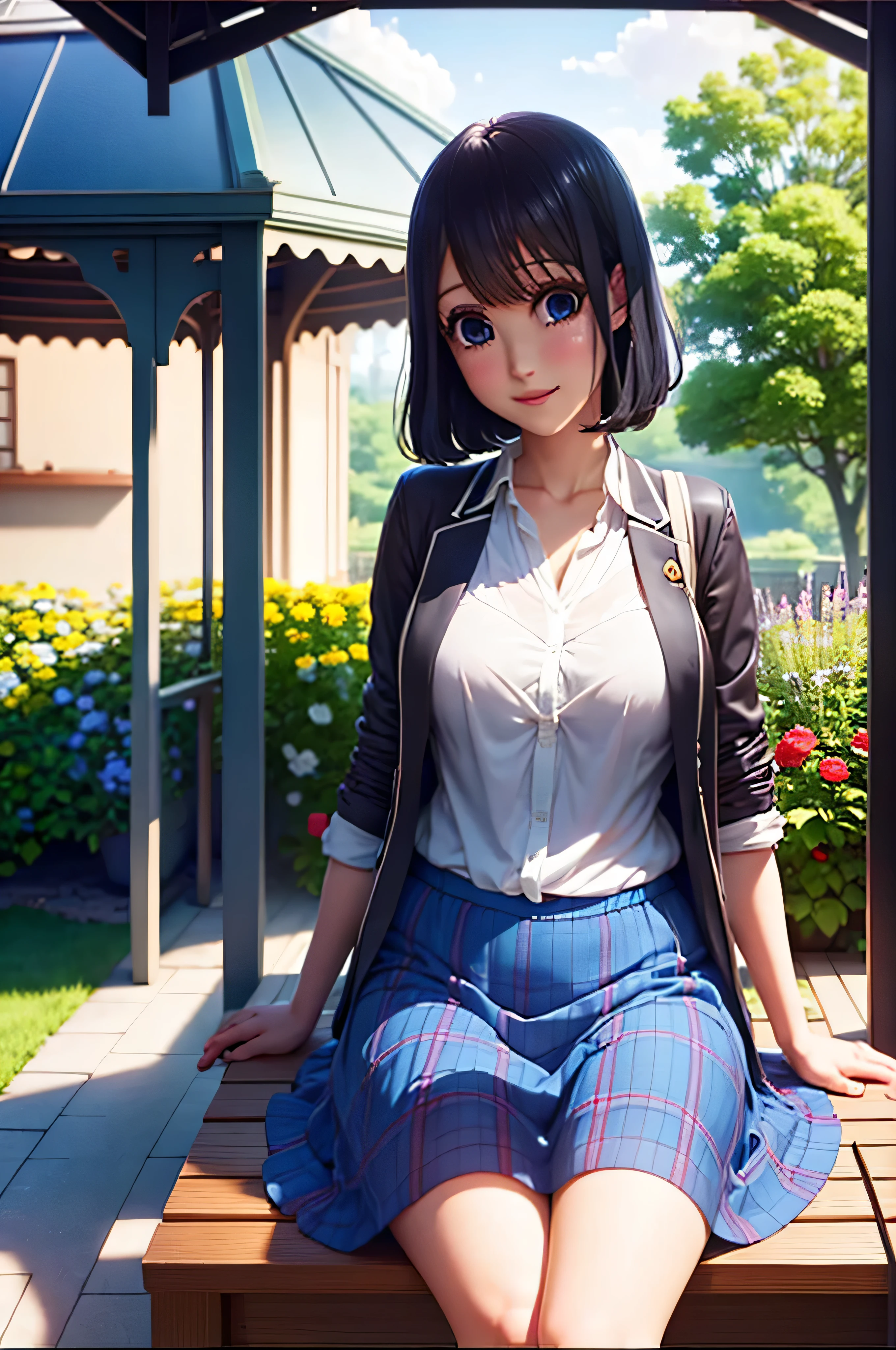 misaki_takasaki, 1girl, black hair, blue eyes, , seen from afar, smiling, sitting on a bench inside a gazebo, looking at viewer, garden full of roses around, hands resting on lap, masterpiece, best quality, realistic, hdr