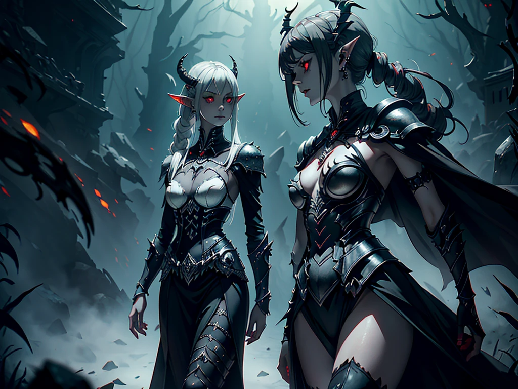 1girl, horror, dark elf princess, elden ring, (dark grey skin:1.5), true white long ponytail, ((perfect red eyes)), elf ears, earrings, detailed blood, highly detailed mechanical horns, (small breasts), ((black gothic prom dress)), wearing black fur cloak, bone armor, skull armor, volumetric lighting, ethereal fog, dark background, ultrasharp, best quality, masterpiece, realistic, anatomically correct, (strong cinematic lighting), ((rim lighting)), stunning details, intricate details, 8k post-production, high resolution, super details, sharp focus, depth of field f/1.8, studio photos, (((looking in the distance)))