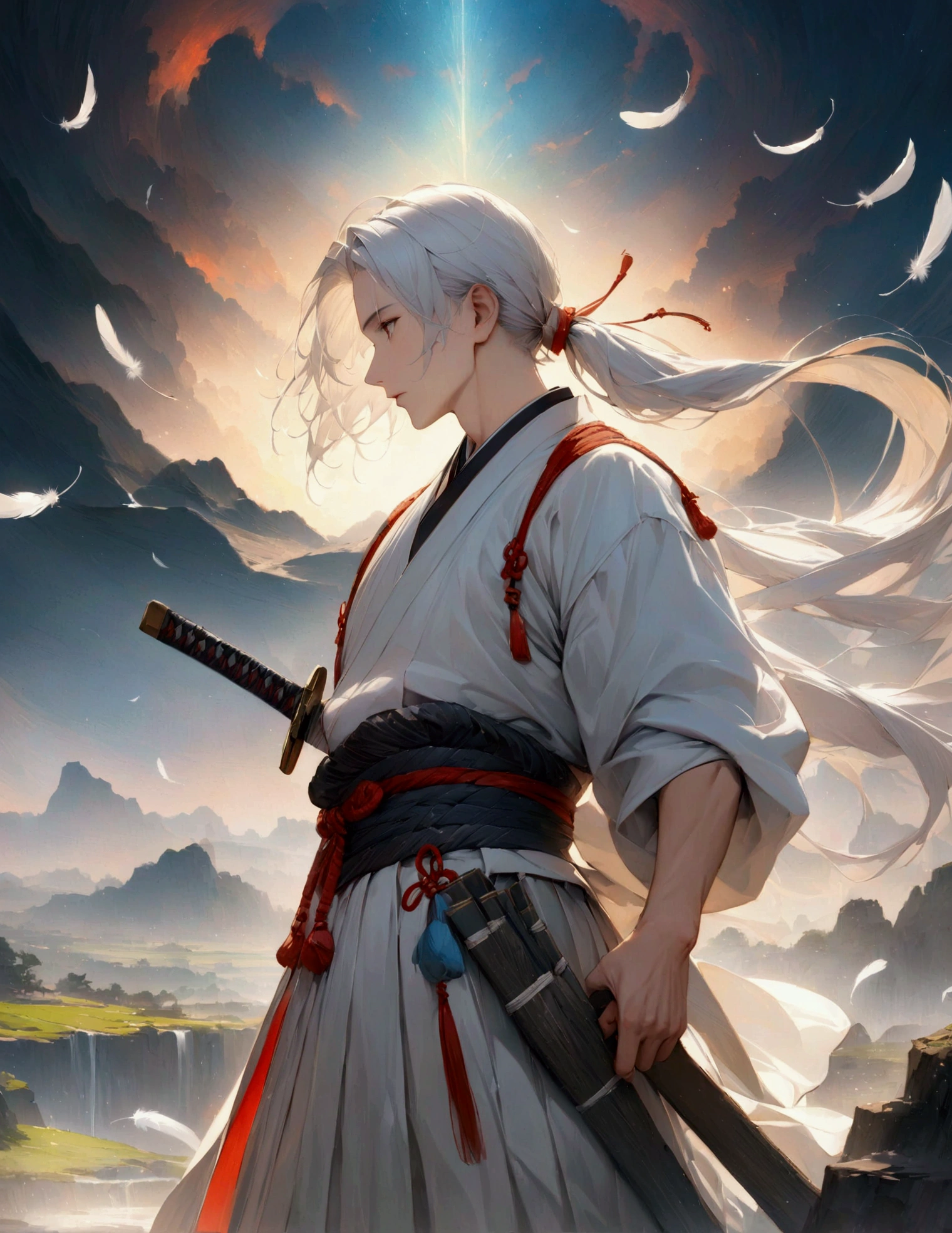 (masterpiece:1.3),(最high quality:1.4),(Very detailedな:1.5),High resolution,Very detailed,8k,artwork,High level of detail,rendering,high quality,Wide range of colors,A fantastical space where white feathers rain down,Vivid light,(One man、profile),Landscape,Cool handsome guy,Swordsman、White Hair、Long hair that reaches down to the waist is tied in a single ponytail、White Hakama、白いSwordsmanの服装、((samurai)),There's a sword on his waist、Looking up with a blank look。