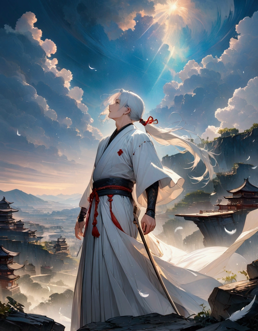 (masterpiece:1.3),(最high quality:1.4),(Very detailedな:1.5),High resolution,Very detailed,8k,artwork,High level of detail,rendering,high quality,Wide range of colors,A fantastical space where white feathers rain down,Vivid light,（One man、profile),Landscape,Cool handsome guy,Swordsman、White Hair、Long hair that reaches down to the waist is tied in a single ponytail、White Hakama、白いSwordsmanの服装、((samurai)),There&#39;s a sword on his waist、Looking up with a blank look。