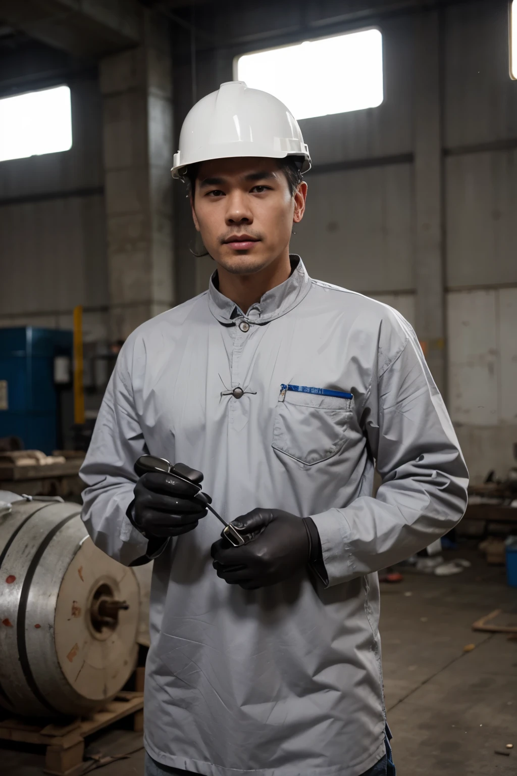 Steel Flower,Chinese steel workers,man,Gray tooling,wear a hat