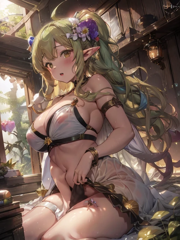 Colorful flowers々Forest in full bloom,Dense vegetation,Big forest,Fluffy pale golden hair,Eyes pale yellow-green,Elf Ears,Unicorn horn,首輪とLock,ボンデージとLock,slave,Luxurious and voluminous white dress, Pushed to the ground,The hem of the dress is very long and wide,coloured butterflies々Fly around(Pale green or yellow, Light purple and light blue),Rainbow Hair,Restrained arms,Ahegao,Red Tide,Watery eye,wood々Soft light shining through the gaps in the leaves,Angel Light Ladder,god々Shining light,Particles floating in the air,Glowing particles,Glamorous Body,Ultra low angle,Curly hair,is,Belly button exposed,Stylish clothes,Stylish hairstyle,Stylish accessories,Underboob,Hairstyle Princess cut,Wrist restraint,Lock,White panties,See-through,Detailed panty wrinkles、Sunburn、Dark skin、Large areola、Brown areola,Masturbation,Press your fingertips against your pussy、