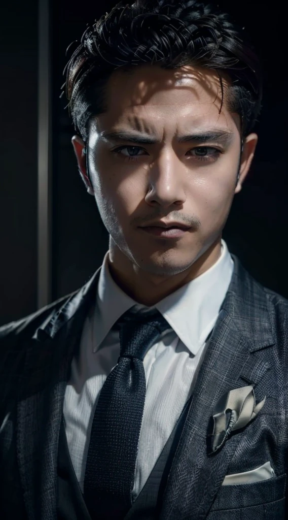 Portrait of a man in a suit and tie，deep dark background, Male portrait, handsome detailed face, handsome stunning realistic, Realistic moody facial lighting, epic and classy portrait, cinematic realistic portrait, Handsome male, extremely detailed man, Anime portrait of a handsome man