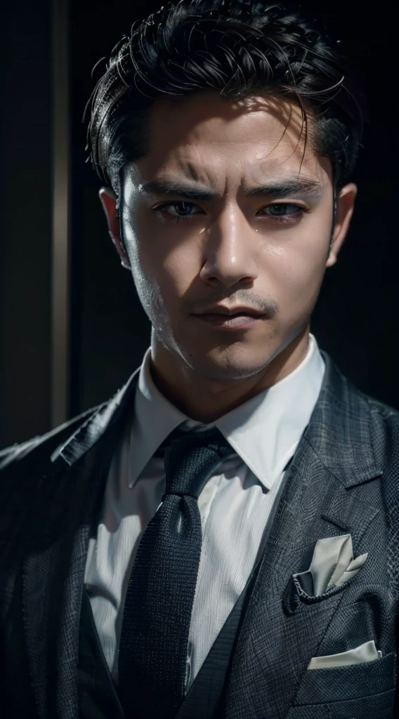 Portrait of a man in a suit and tie，deep dark background, Male portrait, handsome detailed face, handsome stunning realistic, Realistic moody facial lighting, epic and classy portrait, cinematic realistic portrait, Handsome male, extremely detailed man, Anime portrait of a handsome man