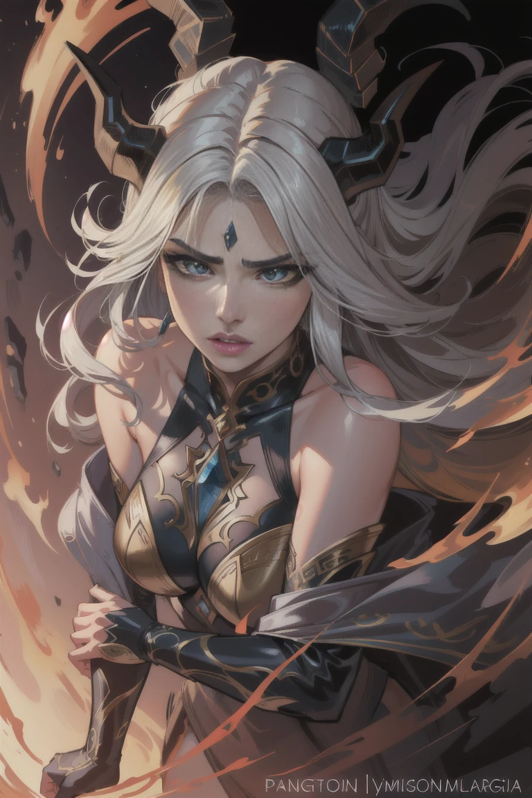 1woman in a dramatic pose with platinum long flowing hair, strong emotions, dragon tamer, full body portrait, horns on head, detailed facial features, photorealistic, dramatic lighting, fantasy, cinematic, intricate details, vibrant colors, digital painting
