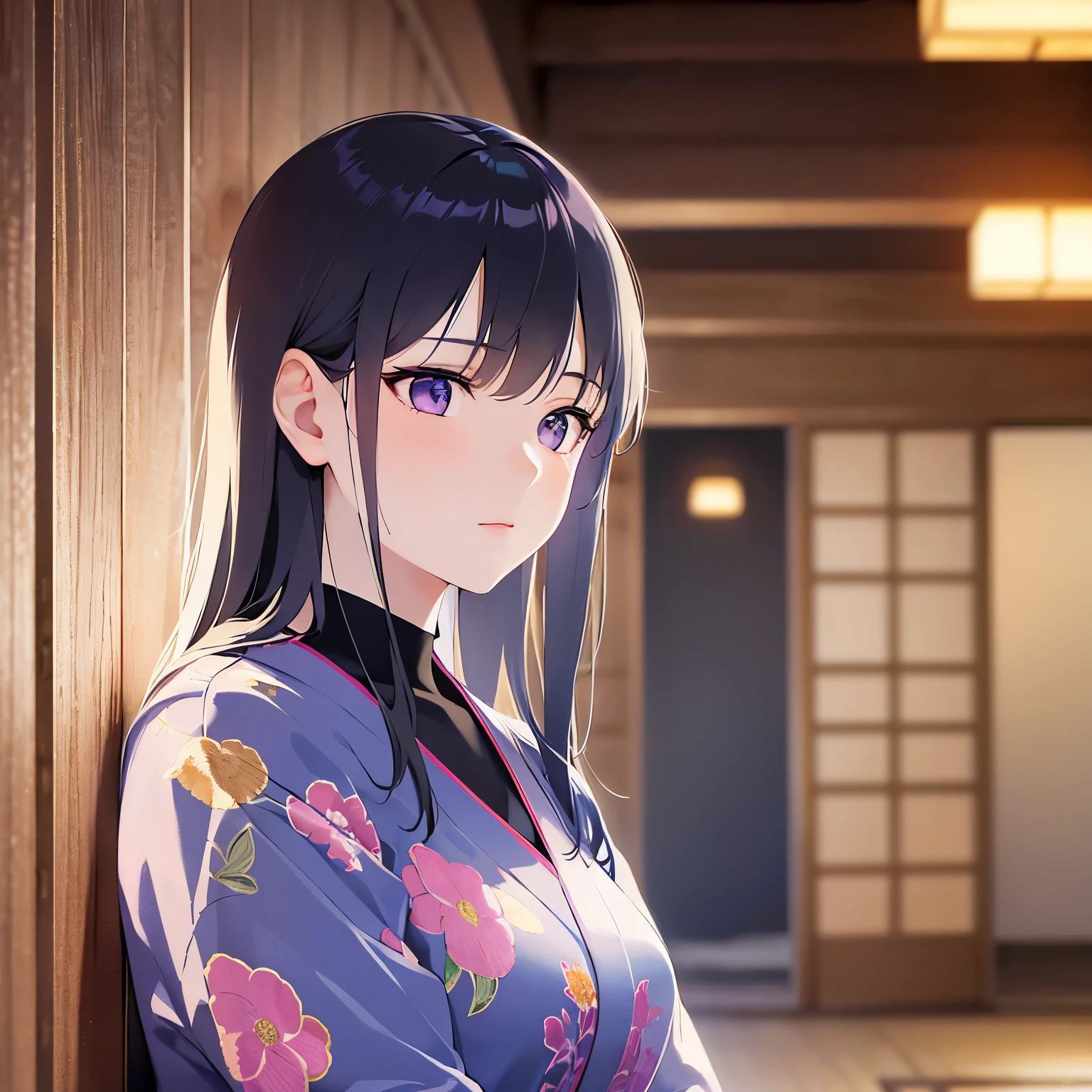 side ungle,Upper Body,(looking away:1.5)、profile、leaning on wall、
Realistic, real person, (pale skin: 1.2), RAW photo, photorealistic, shiny skin, shiny hair、
(A 25-year-old woman with straight hair and bangs) and (medium hair) and (black hair) and (purple eyes) , closed eyes,
yukata,bitter、The background is the hallway of a Japanese inn at night