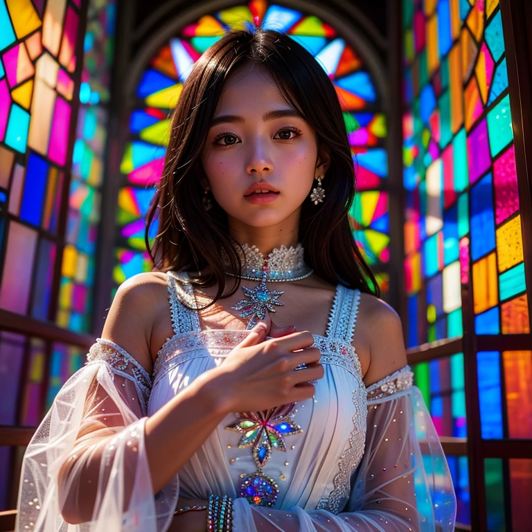 SFW, concept art, Tiny junior idol, (Detailed Delicate lace knitted white clothes), (nipple:-0.9), face closeup, (Elaborate stained glass Background:1.37), (((Renbutsu Misako), colorful Light shines through delicate stained glass:1.2, vivid red colors, Luminous Particles, light Particles))(Acutance:0.8). (ProfessionalPhoto:1.2),(ultra-detailed:1.37), (Extremely detailed KAWAII face variations, innocent expression variations), rosy cheeks, intricate detailed eyes with sparkling highlights, long eyelashes with volume, subtle blush on the face. Mystic sight, haze, Impeccable Radiant PearlSkin with Transparency, captivating gaze, ((Dynamic-angle)), whole Body proportions and all limbs are anatomically accurate . (Exposed:0.44)