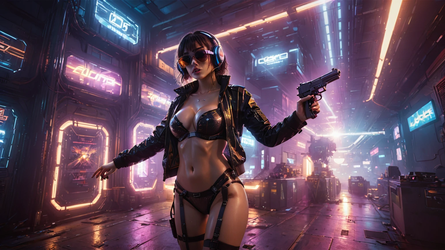 (((aerial view))), Blade Runner style futuristic cyberpunk 2077 flying vehicle docking platform, neon lights, at night. ((1girl, solo, alone)), large-breast:1.2 slim body, cleavage:1.1, sexy lingerie with wet jacket, headphone, (black sunglasses), (((she raised a pistol:1.8 and shot:1.8 the viewer))), dynamic pose, (((half-body thigh level medium shot))), cinematic lighting, lens flare, ray tracing, fisheye lens.