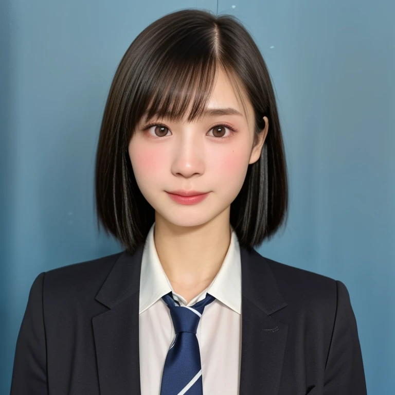 (kawaii 18 year-old Japanese girl, Nogizaka idol, Korean idol, highschool student), healthy female athlete body, (glossy black hair, very short hair, pixie cut, bangs:1.3), (rounded face, single eyelid, no makeup, serious expression:1.2), (wearing suit jacket, collared shirt, necktie:1.3), extra small , (looking at viewer:1.2), BREAK, (simple blue background, yearbook background:1.3), (portrait, id photo, bust shot, view from vertically straight forward:1.3), BREAK, (masterpiece, best quality, photo realistic, official art:1.4), (UHD, 8K quality wallpaper, high resolution, raw photo, golden ratio:1.3), (shiny skin), professional lighting, physically based rendering, award winning, (highly detailed skin, extremely detailed face and eyes), Carl Zeiss 85 mm F/1.4, depth of field, 1girl, solo,