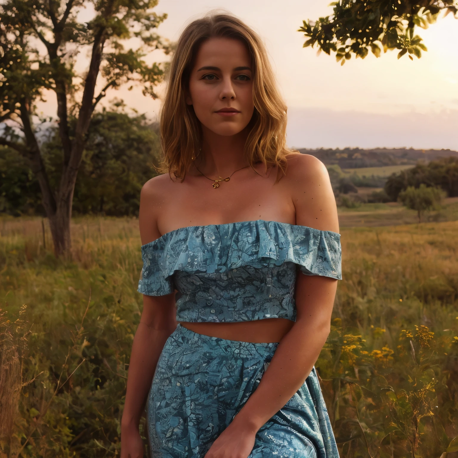 A young woman lies serenely on a lush, sunlit meadow, dressed in a stunning paisley print off-the-shoulder top and a flowing maxi skirt. The top, adorned with intricate paisley patterns in vibrant hues of teal, crimson, and gold, drapes gracefully over her shoulders, revealing her collarbones. The maxi skirt, made from a lightweight, airy fabric, flows around her with gentle movement, its subtle sways adding a touch of elegance to her pose.
Her hair is styled in soft, wavy blond locks that cascade over her shoulders, with a buzz-cut at the nape of her neck contrasting against the longer waves. The natural texture of her hair catches the evening light, highlighting its rich, golden tones. Her skin is a warm tan, with realistic imperfections such as freckles and slight blemishes, which add to the authenticity of her appearance. The evening light casts a warm, golden glow across her skin, enhancing its natural beauty and bringing out the rich textures and subtle shadows.
The background features a detailed, realistic depiction of a meadow, lush with greenery and dotted with wildflowers. The setting sun bathes the scene in a soft, golden light, creating a peaceful ambiance. The background is slightly blurred with a soft bokeh effect, focusing attention on the woman while adding depth to the composition. The gentle movement of the skirt and the subtle wind create a dynamic yet serene atmosphere, enhancing the natural feel of the scene.
The off-the-shoulder top reveals the graceful curve of her collarbones, and she wears a delicate necklace that catches the light. Her expression is serene, with a soft smile and a calm demeanor, reflecting a moment of tranquility. The detailed background includes the lush greenery of the meadow and the setting sun, contributing to the overall peaceful ambiance of the image. The intricate patterns on her top and the flowing fabric of her skirt are rendered with rich textures, adding depth and visual interest to the scene.