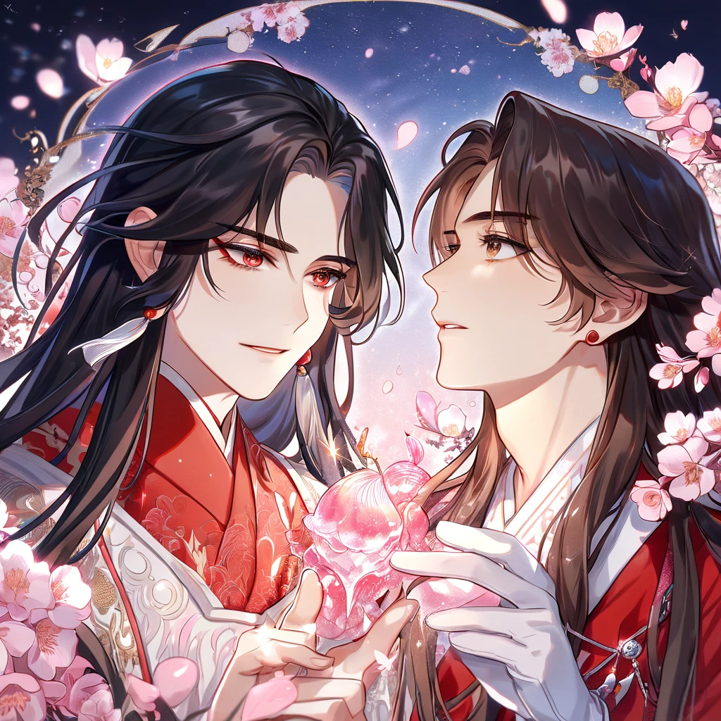 absurdres, highres, ultra detailed, HDR, master piece, best quality, extremely detailed, Hua Cheng, black hair, long hair, expressive red eyes, Heaven Official's Blessing, Xie Lian, brown hair, expressive brown eyes, two sexy men together, yaoi, gay couple, handsome, sensual, white robes, red robes, magical, sparkling, pink glittering fireflies, pink ice, pink ice butterflies, pink ice petals, pink ice cherry blossoms, pink crystal