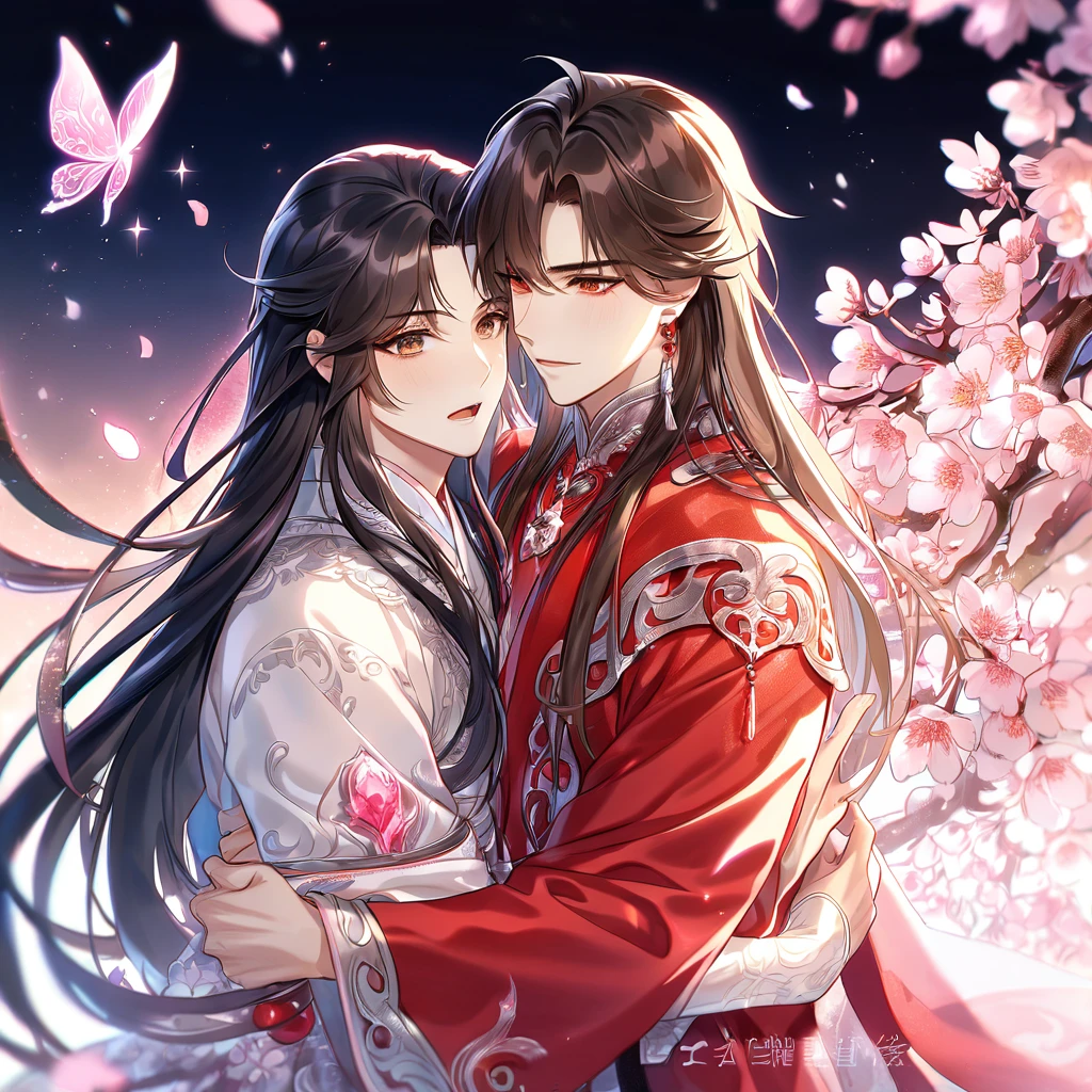absurdres, highres, ultra detailed, HDR, master piece, best quality, extremely detailed, Hua Cheng, black hair, long hair, expressive red eyes, Heaven Official's Blessing, Xie Lian, brown hair, expressive brown eyes, two sexy men together, yaoi, gay couple, handsome, sensual, white robes, red robes, magical, sparkling, pink glittering fireflies, pink ice, pink ice butterflies, pink ice petals, pink ice cherry blossoms, pink crystal