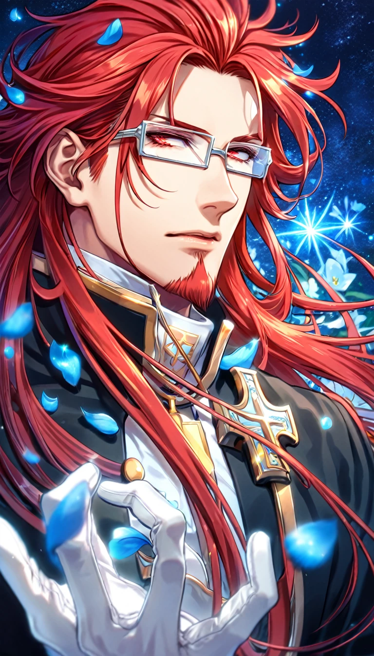 absurdres, highres, ultra detailed, HDR, master piece, Marian Cross, red hair, messy hair, long hair, red goatee, expressive red eyes, black coat, rectangular glasses, white gloves, D.Gray-Man, sexy man, handsome, best quality, blue flowers, fantasy, solo, blue shining fireflies, blue petals, sensual, starry sky, shining, blue blossoms