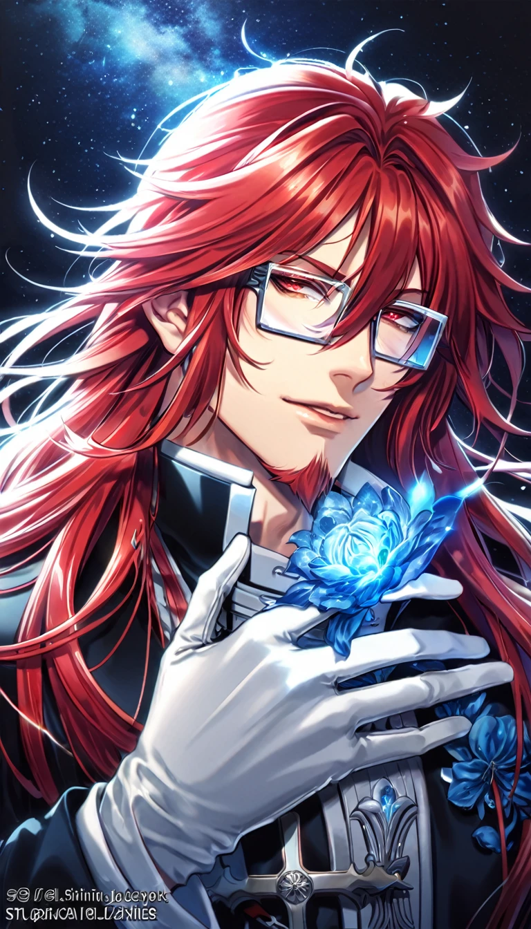 absurdres, highres, ultra detailed, HDR, master piece, Marian Cross, red hair, messy hair, long hair, red goatee, expressive red eyes, black coat, rectangular glasses, white gloves, D.Gray-Man, sexy man, handsome, best quality, blue flowers, fantasy, solo, blue shining fireflies, blue petals, sensual, starry sky, shining, blue blossoms
